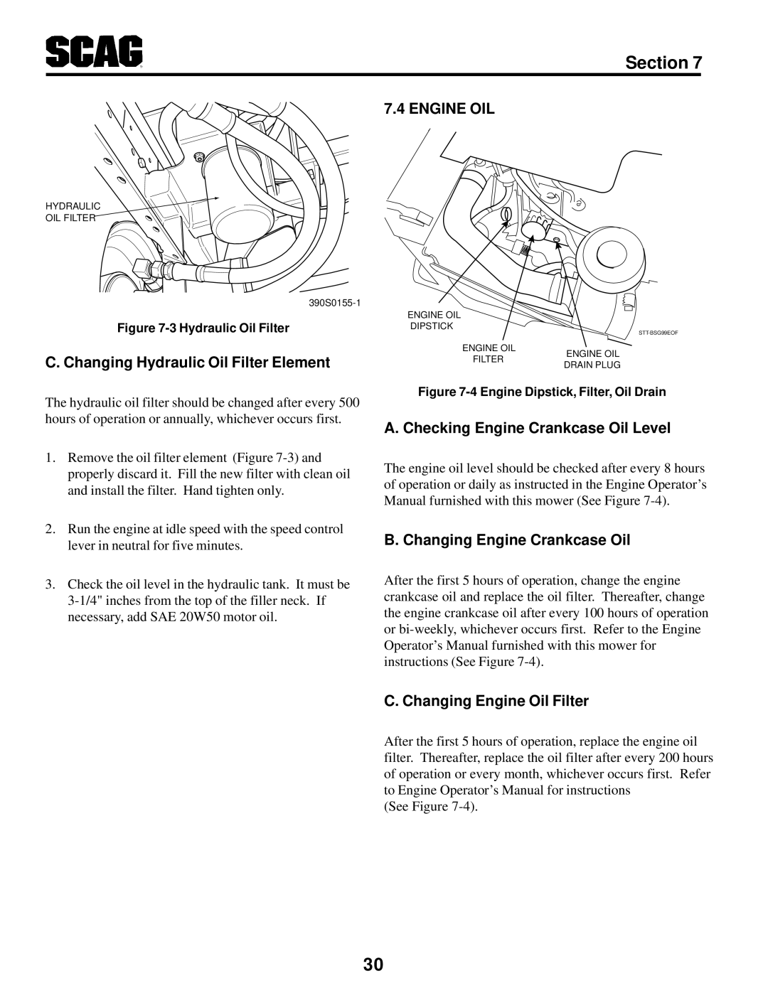 Scag Power Equipment STT-31BSG Engine OIL, Changing Hydraulic Oil Filter Element, Checking Engine Crankcase Oil Level 