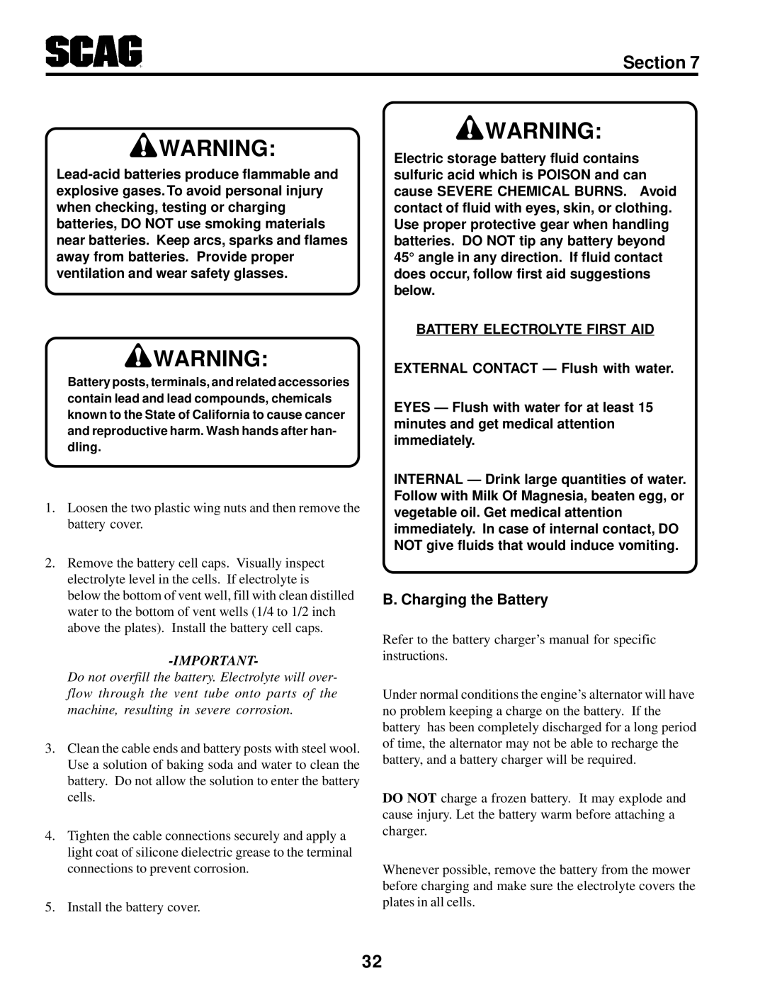 Scag Power Equipment STT-31BSG manual Charging the Battery, Battery Electrolyte First AID 