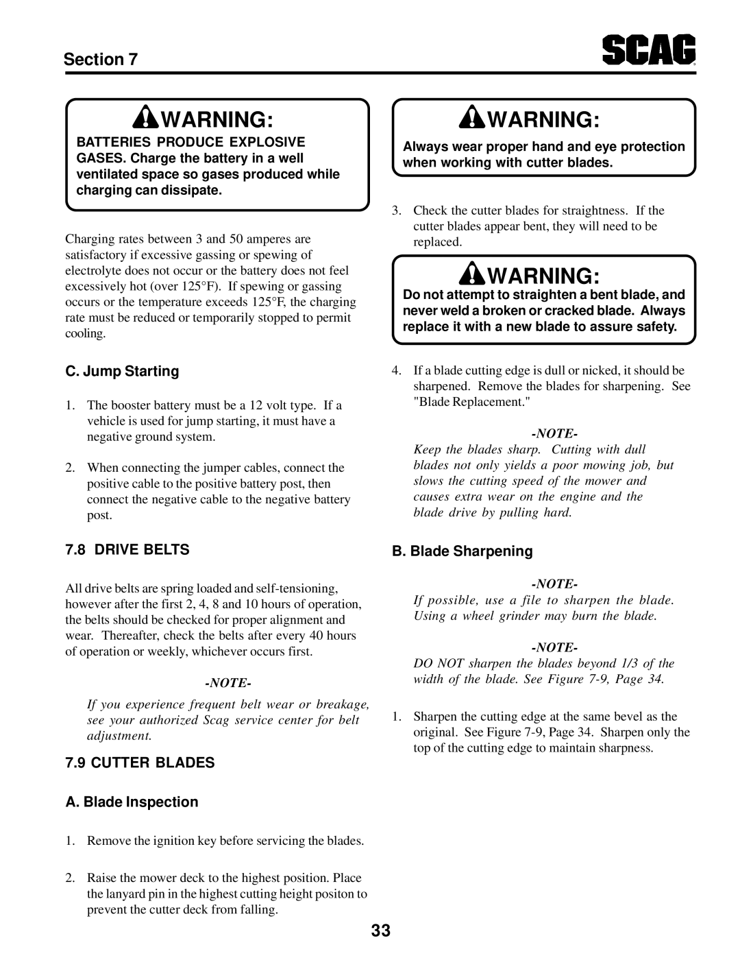 Scag Power Equipment STT-31BSG manual Jump Starting, Drive Belts, Cutter Blades, Blade Inspection 