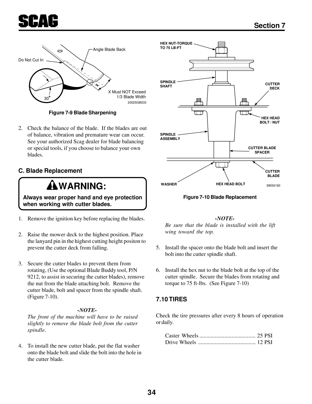 Scag Power Equipment STT-31BSG manual Blade Replacement, Tires 