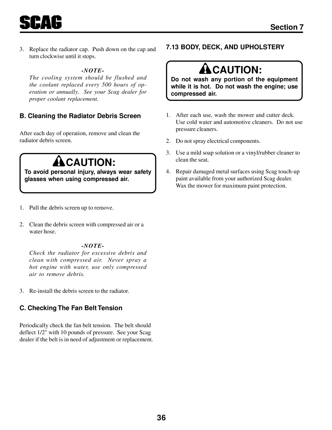 Scag Power Equipment STT-31BSG manual Cleaning the Radiator Debris Screen, Checking The Fan Belt Tension 