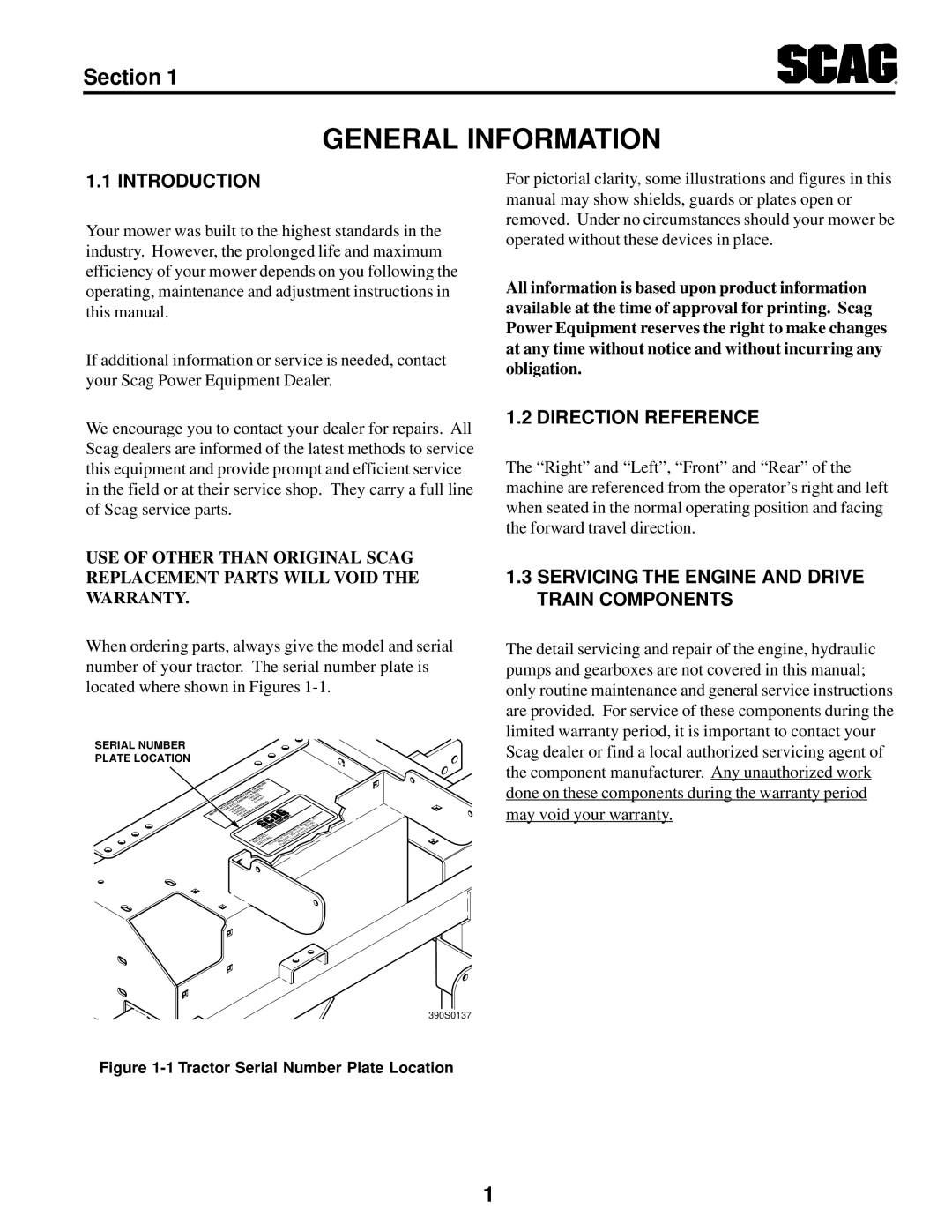 Scag Power Equipment STT-31BSG manual General Information, Introduction, Direction Reference 