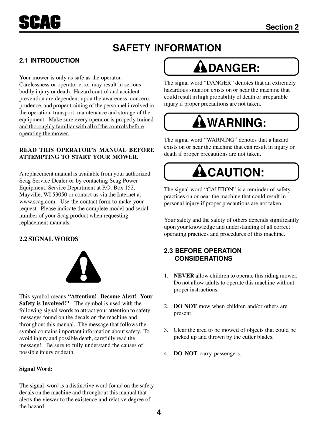 Scag Power Equipment STT-31BSG manual Safety Information, Before Operation Considerations 