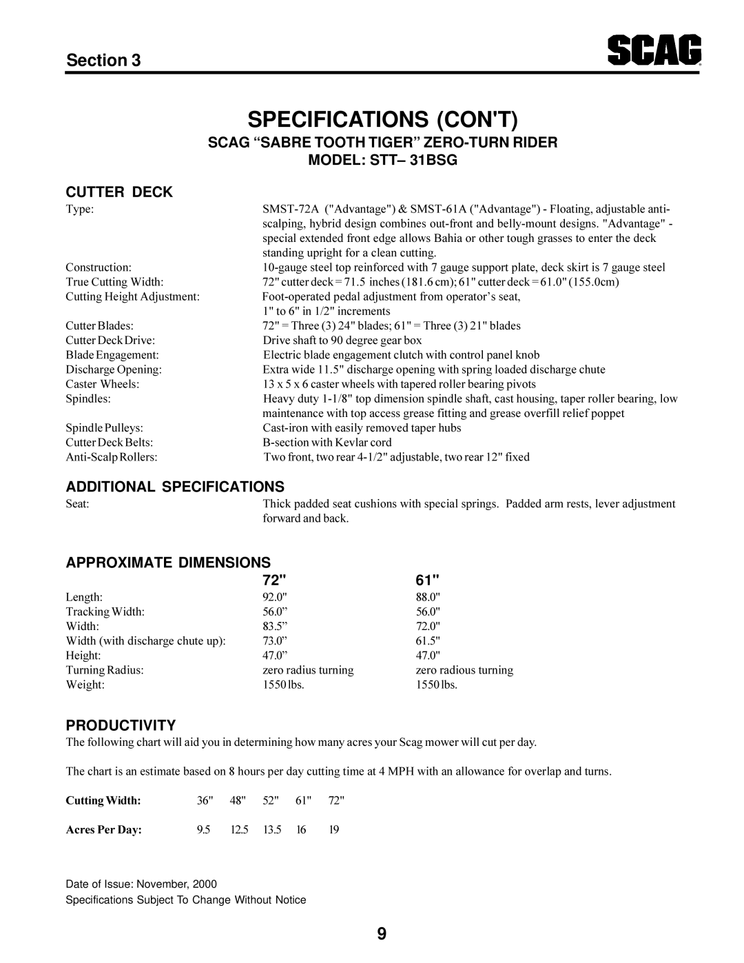 Scag Power Equipment STT-31BSG manual Specifications 