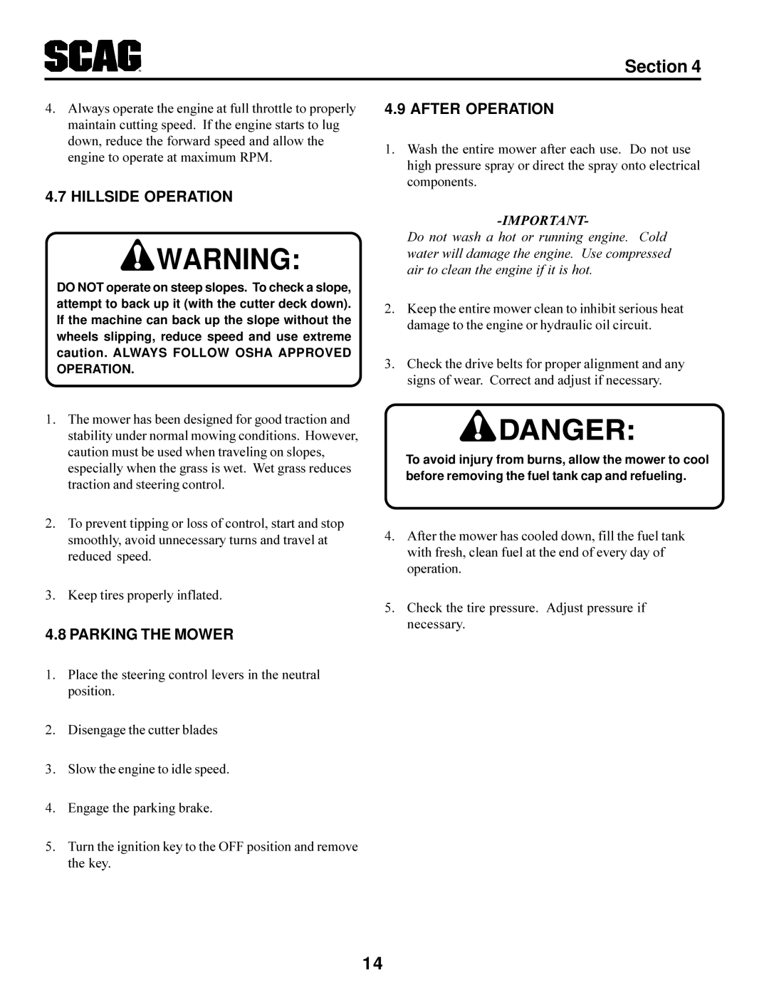 Scag Power Equipment STT-31BSG manual Hillside Operation, Parking the Mower, After Operation 