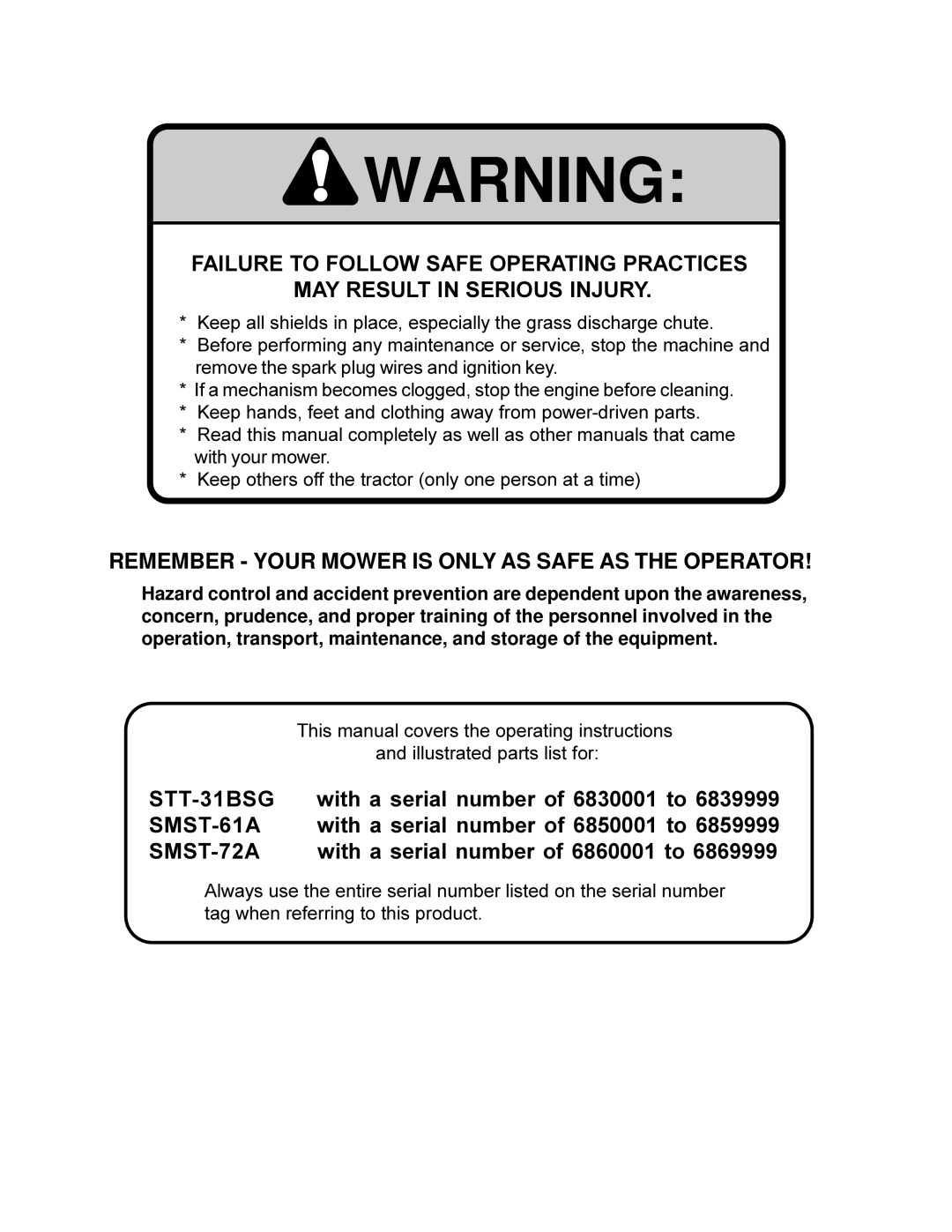 Scag Power Equipment STT-31BSG manual Remember Your Mower is only AS Safe AS the Operator 