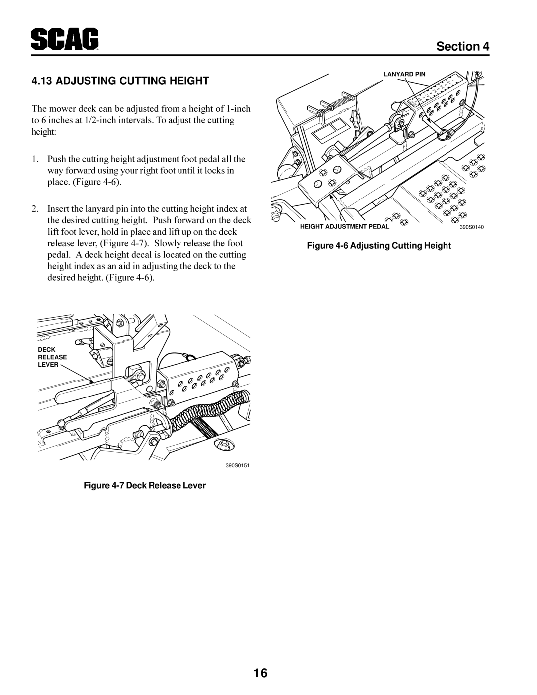 Scag Power Equipment STT-31BSG manual Adjusting Cutting Height, Deck Release Lever 