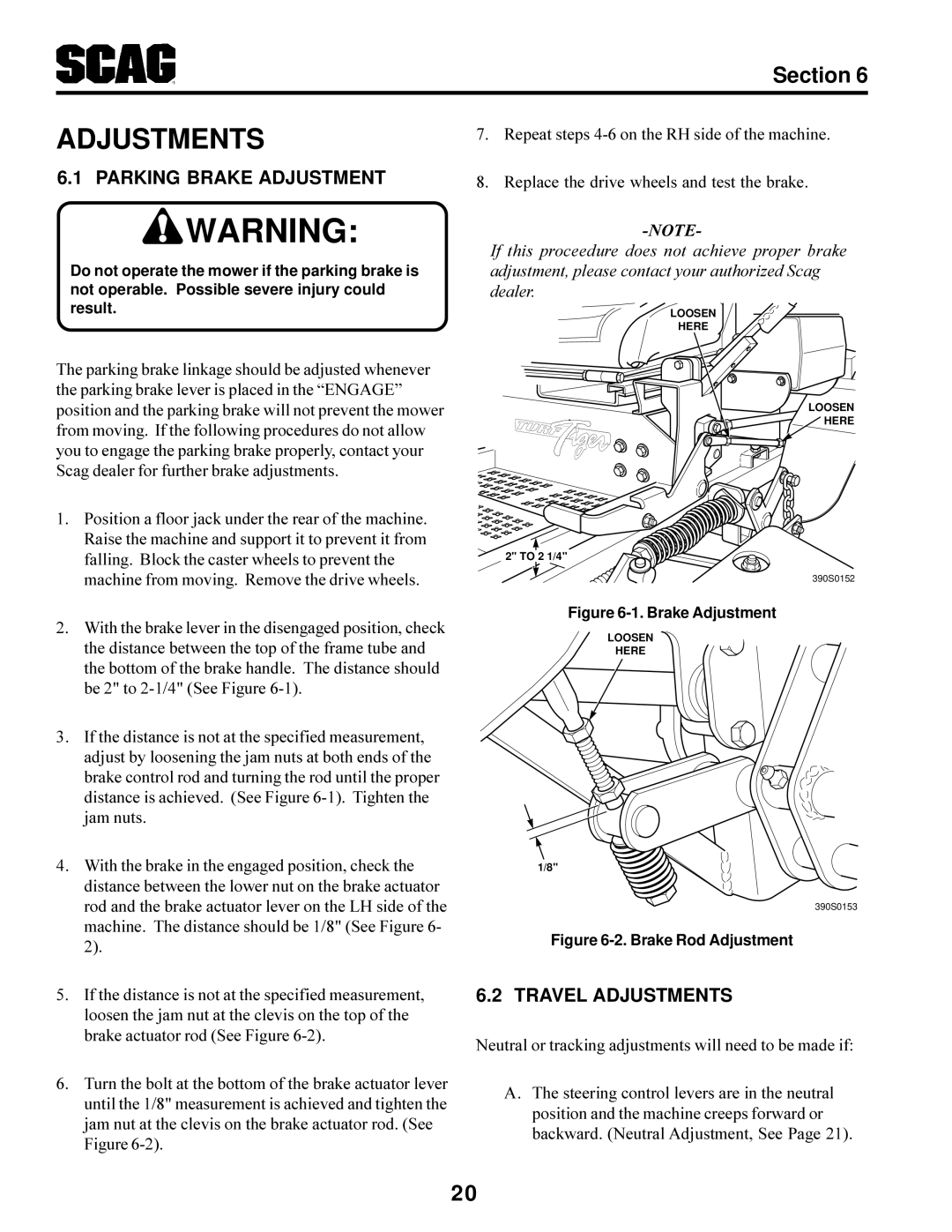 Scag Power Equipment STT-31BSG manual Parking Brake Adjustment, Travel Adjustments 