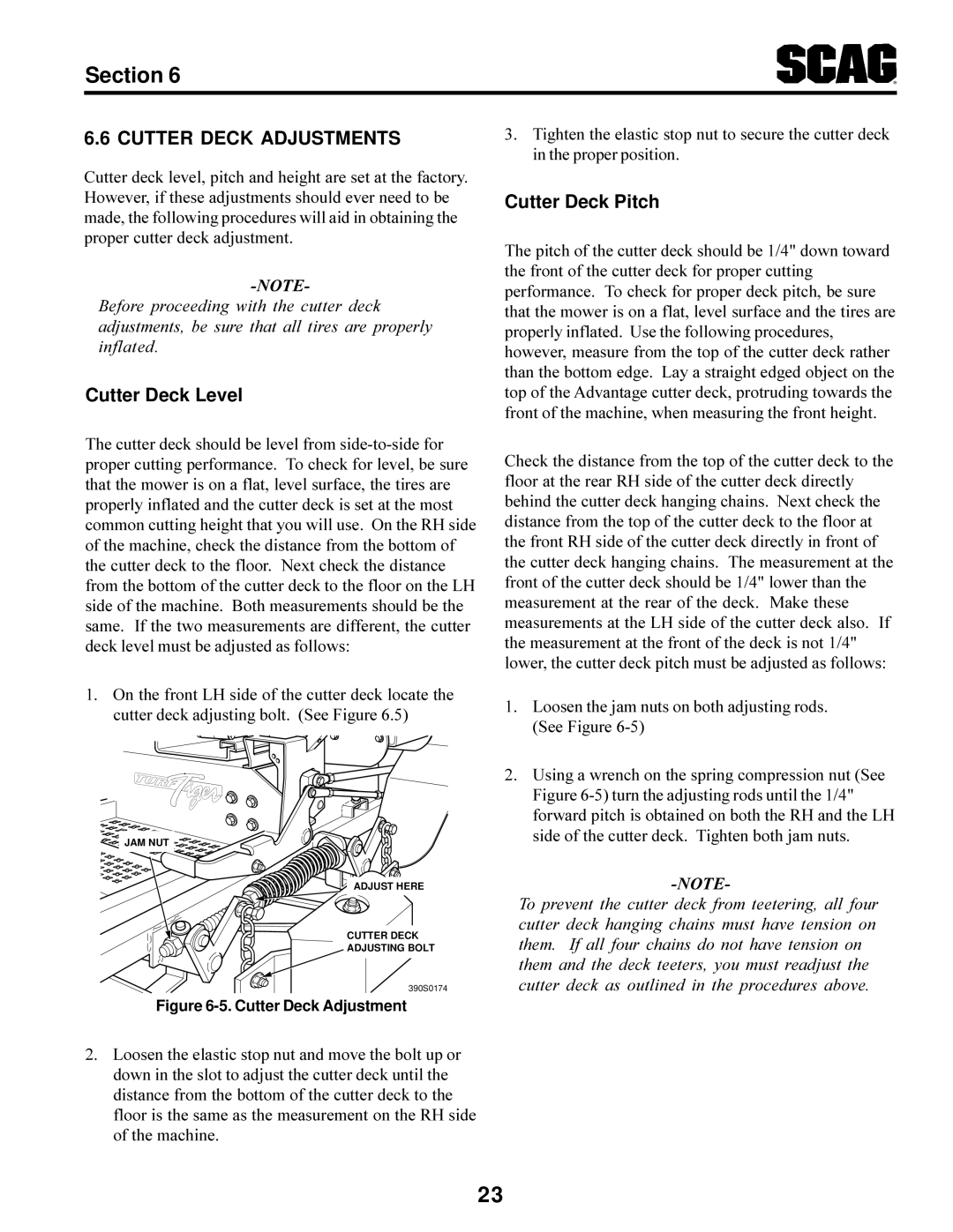 Scag Power Equipment STT-31BSG manual Cutter Deck Adjustments, Cutter Deck Level, Cutter Deck Pitch 