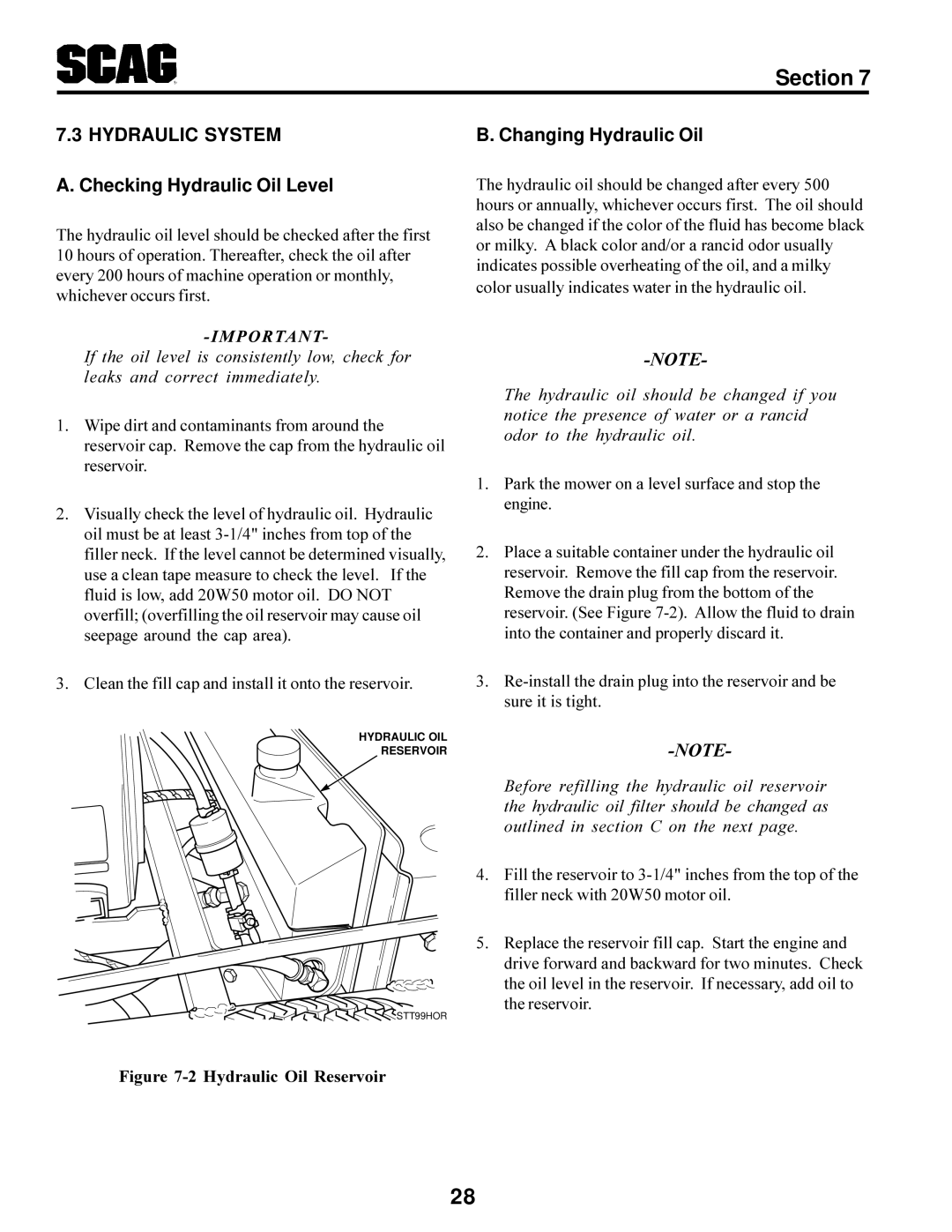 Scag Power Equipment STT-31BSG manual Hydraulic System, Checking Hydraulic Oil Level, Changing Hydraulic Oil 