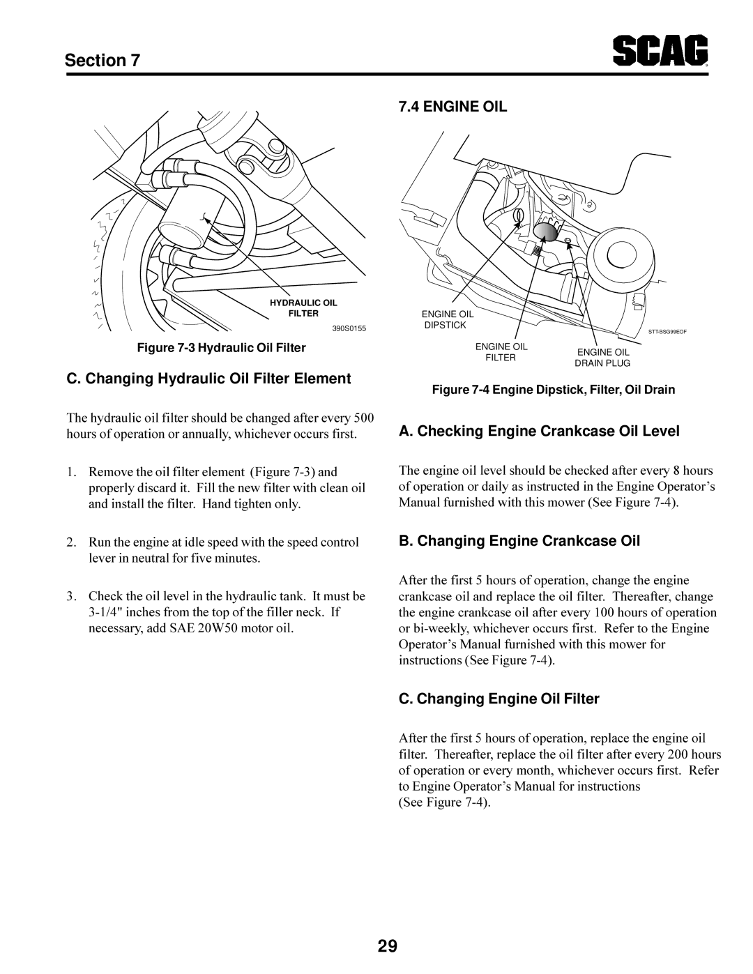 Scag Power Equipment STT-31BSG Engine OIL, Changing Hydraulic Oil Filter Element, Checking Engine Crankcase Oil Level 