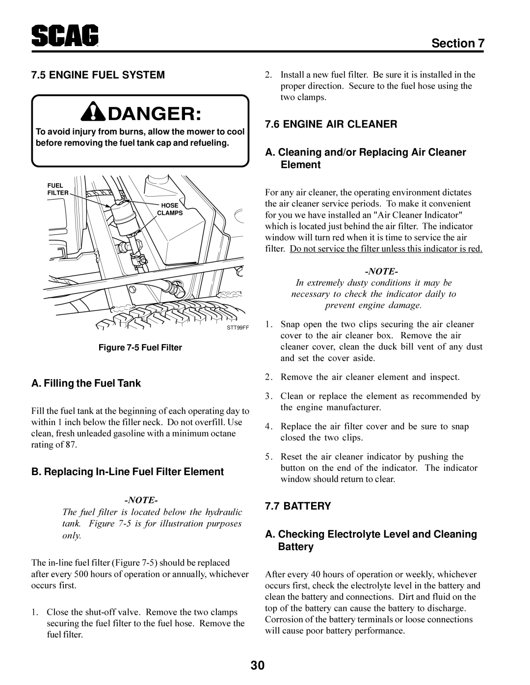 Scag Power Equipment STT-31BSG manual Engine Fuel System, Engine AIR Cleaner, Battery 