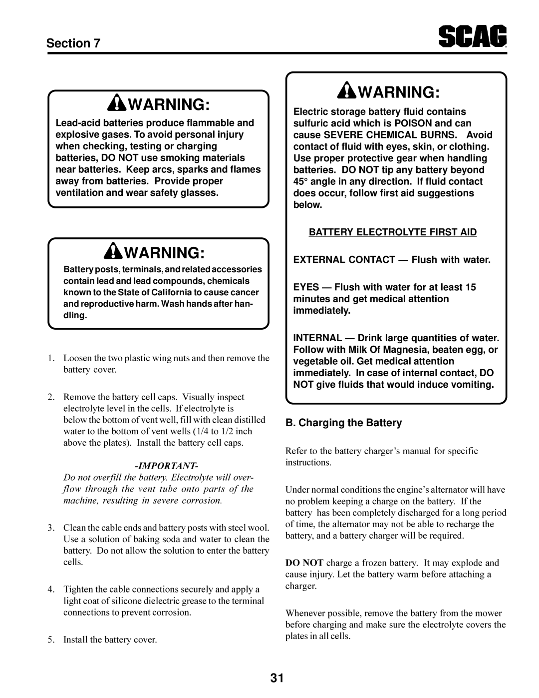 Scag Power Equipment STT-31BSG manual Charging the Battery, Battery Electrolyte First AID 