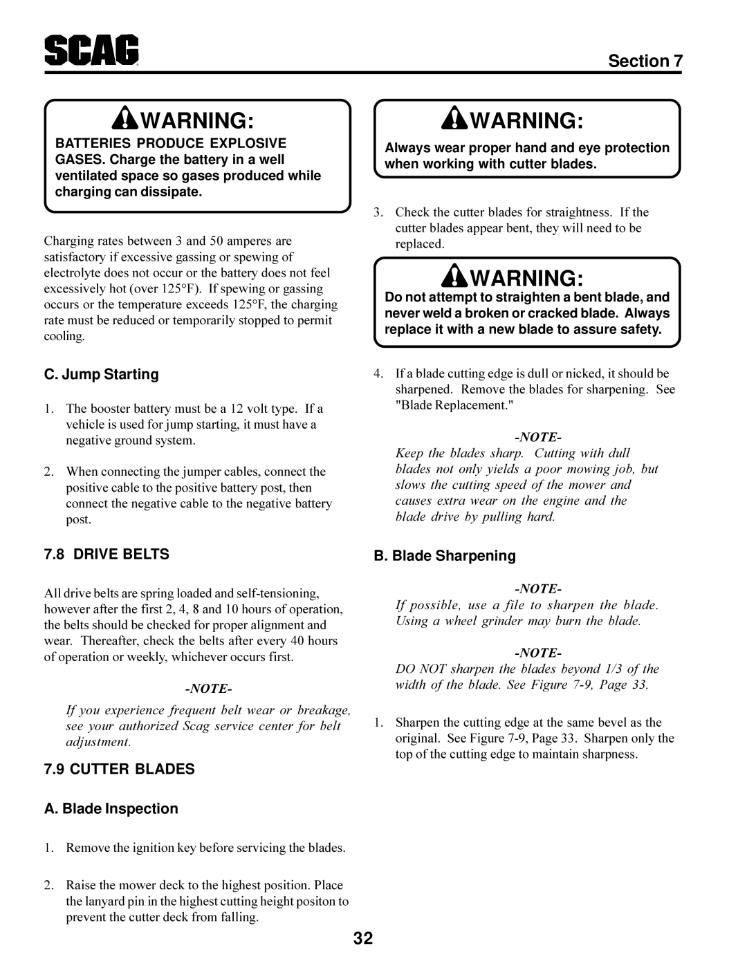 Scag Power Equipment STT-31BSG manual Jump Starting, Drive Belts, Blade Sharpening, Cutter Blades, Blade Inspection 