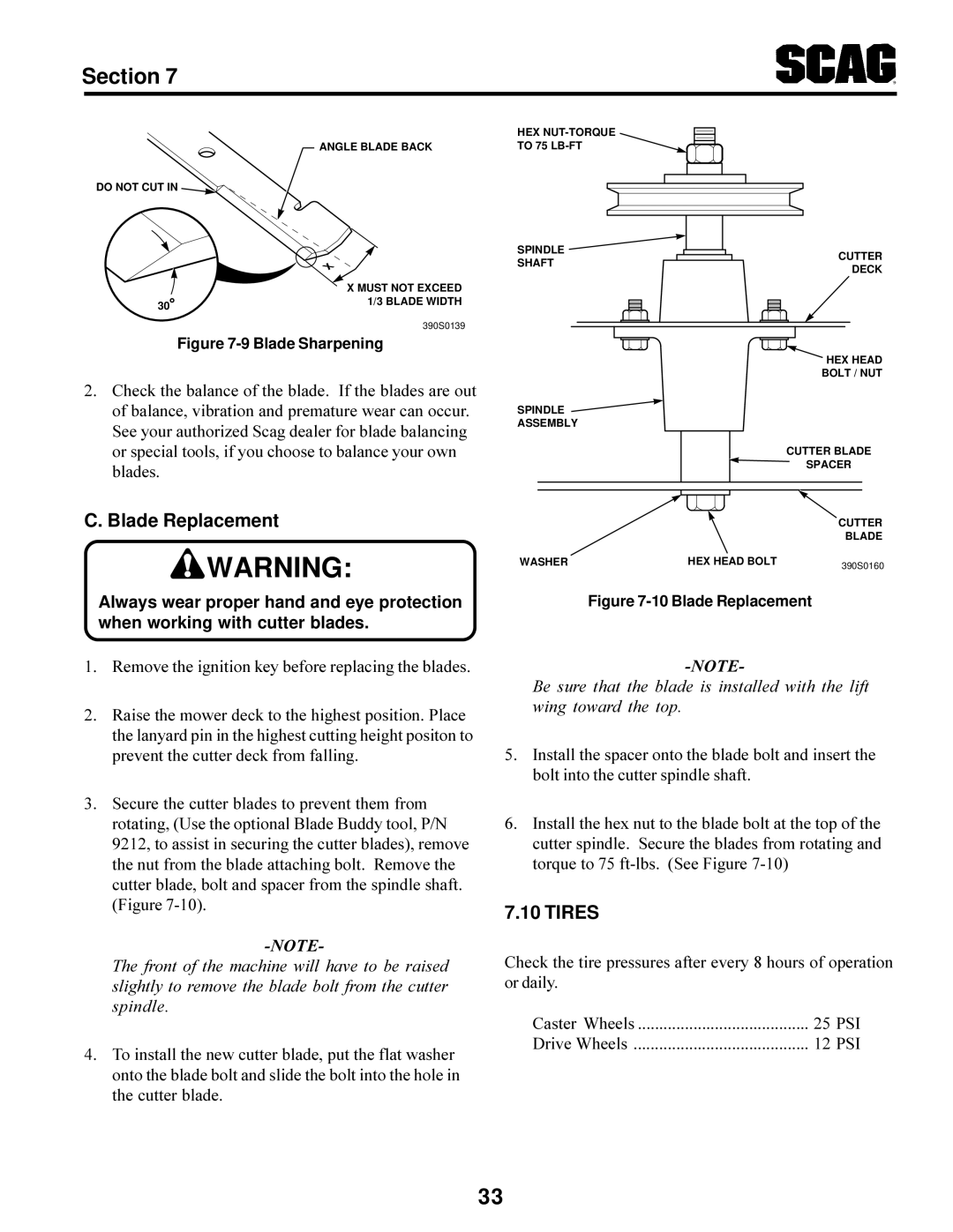 Scag Power Equipment STT-31BSG manual Blade Replacement, Tires 