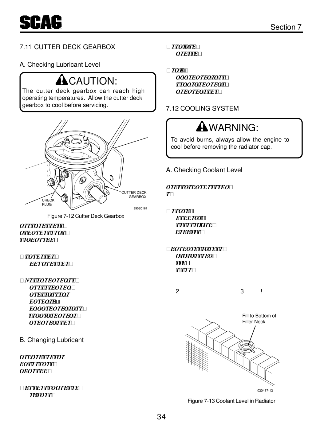 Scag Power Equipment STT-31BSG manual Cutter Deck Gearbox, Checking Lubricant Level, Cooling System, Checking Coolant Level 