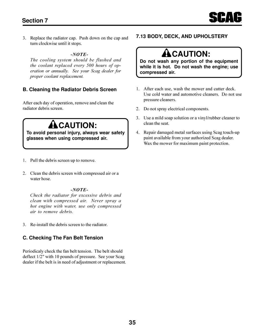 Scag Power Equipment STT-31BSG manual Cleaning the Radiator Debris Screen, Checking The Fan Belt Tension 