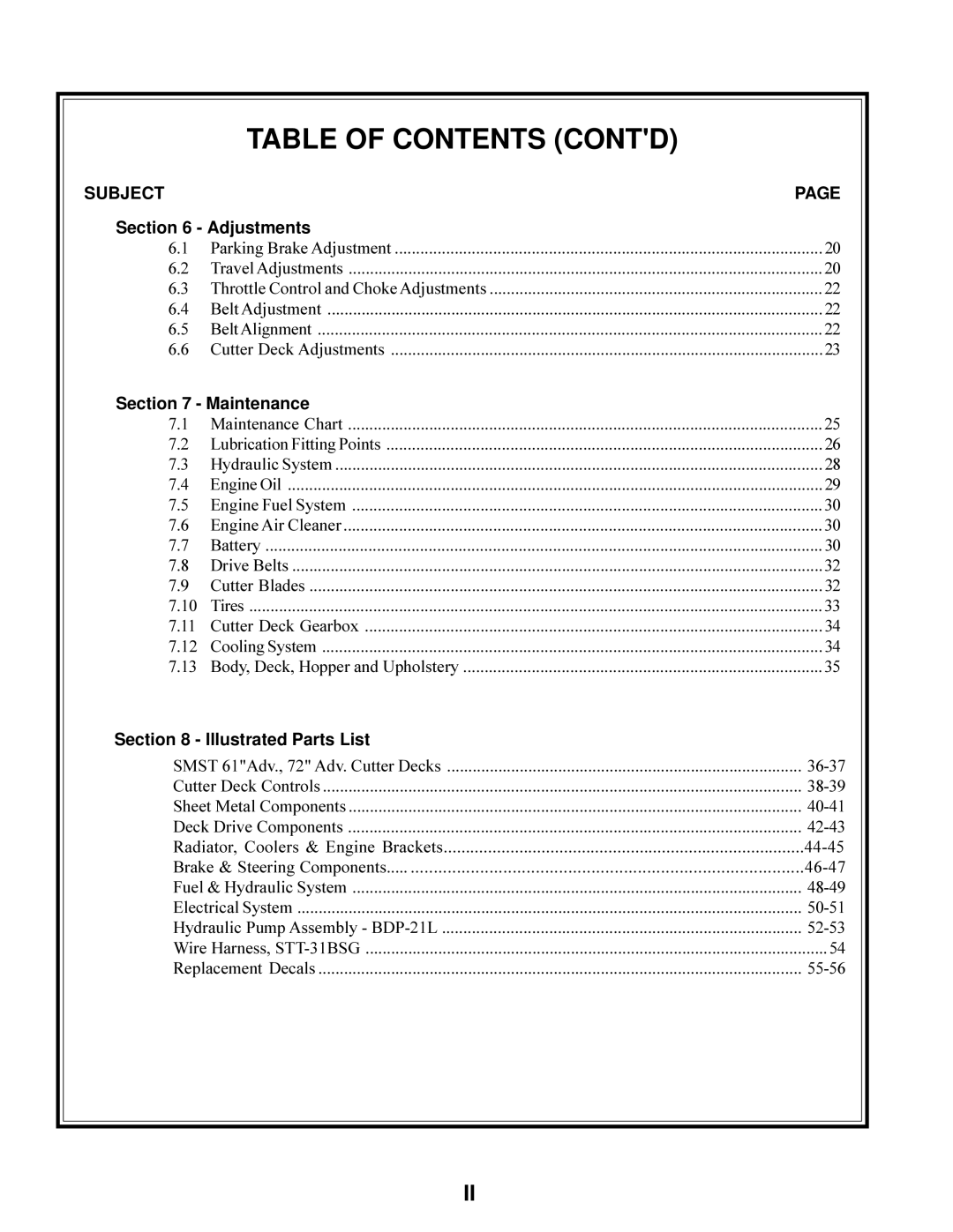 Scag Power Equipment STT-31BSG manual Table of Contents Contd 