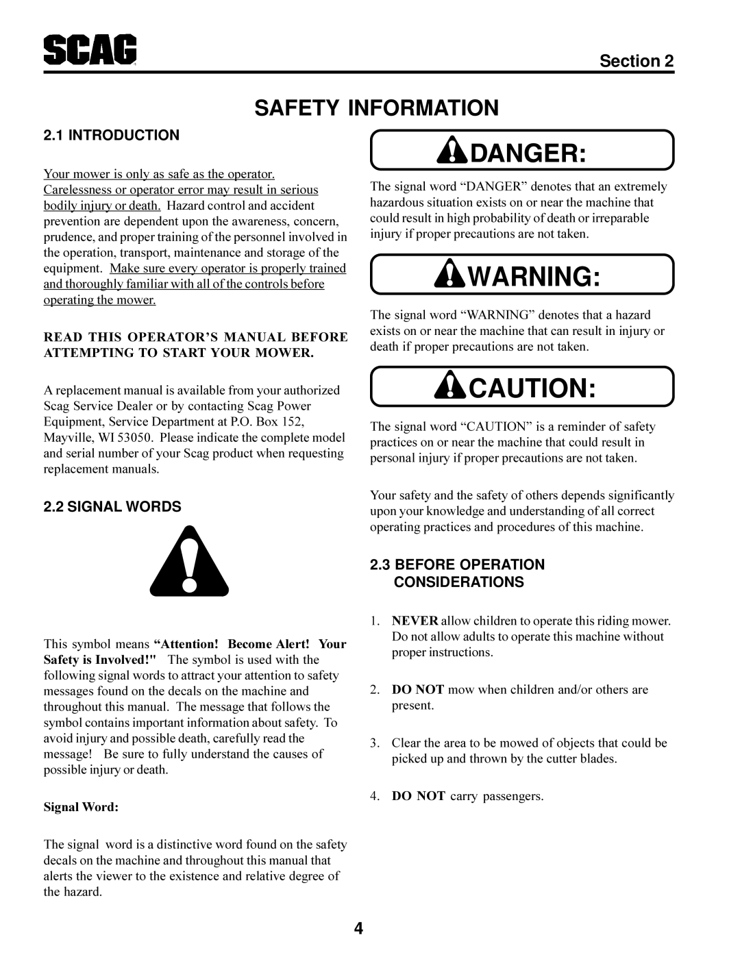 Scag Power Equipment STT-31BSG manual Safety Information, Signal Words, Before Operation Considerations 