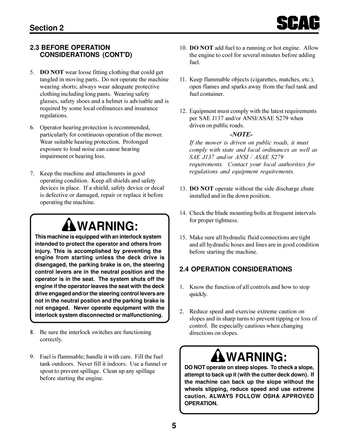 Scag Power Equipment STT-31BSG manual Before Operation Considerations Contd 