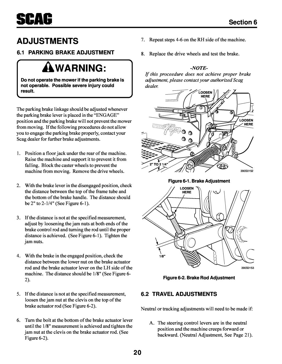 Scag Power Equipment STT-31BSG manual Parking Brake Adjustment, Travel Adjustments, Section 