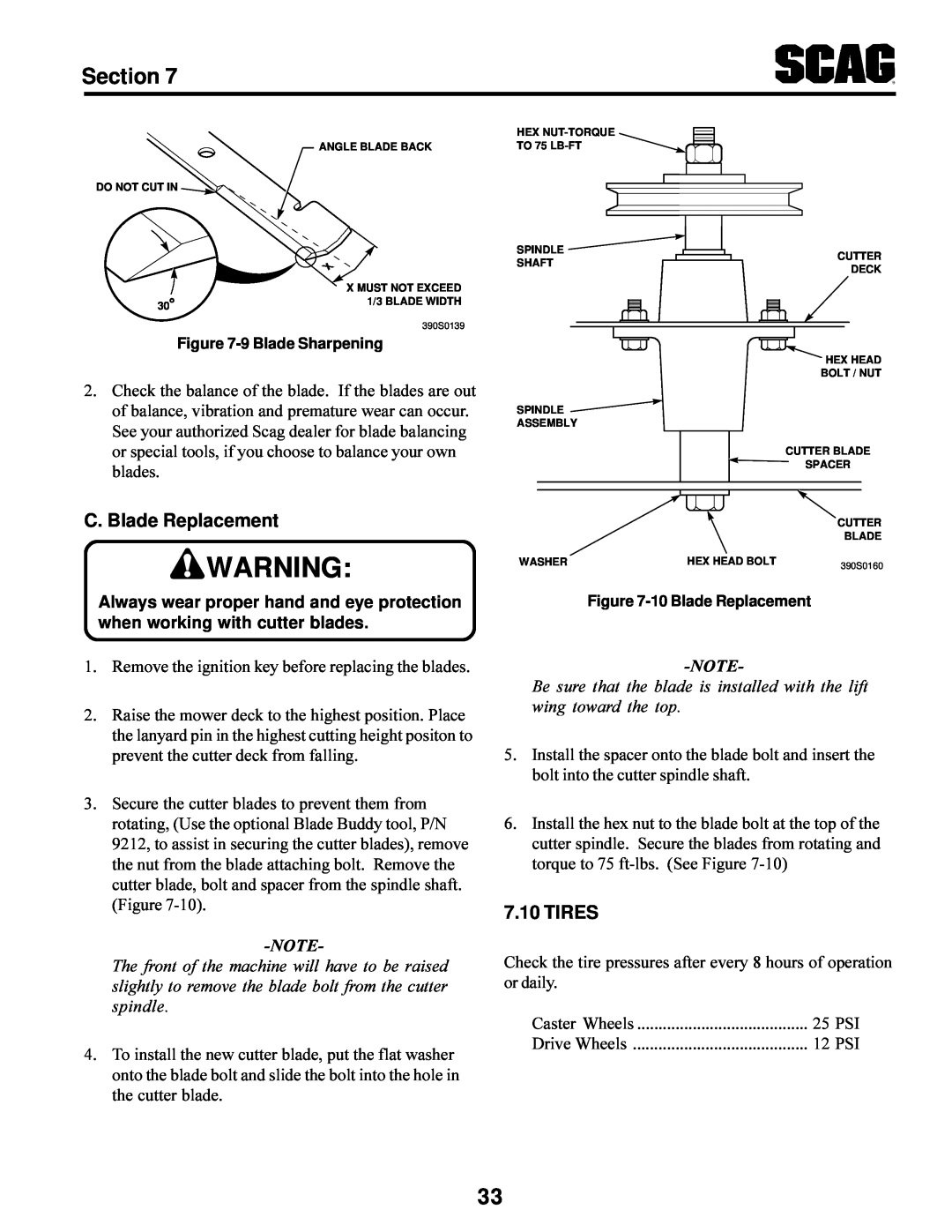 Scag Power Equipment STT-31BSG manual C. Blade Replacement, Tires, Section 