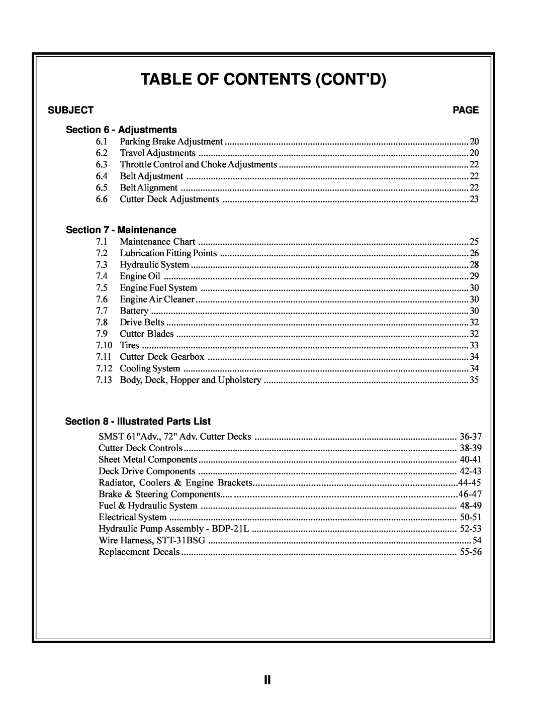 Scag Power Equipment STT-31BSG manual Table Of Contents Contd 