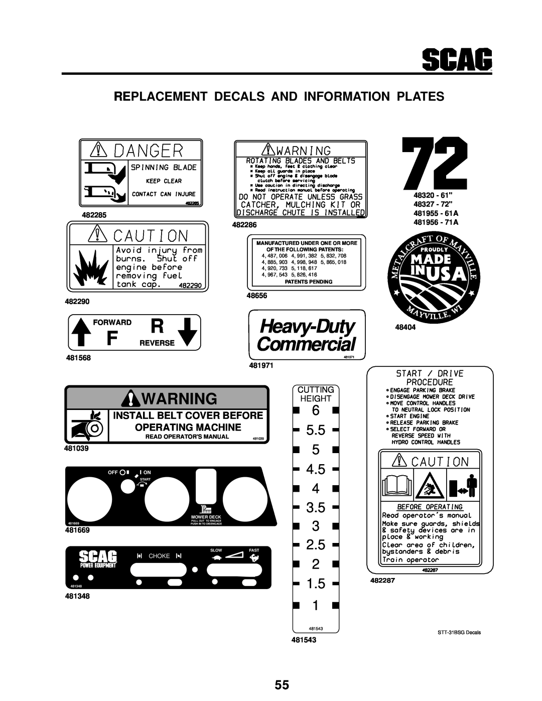 Scag Power Equipment STT-31BSG manual Replacement Decals And Information Plates, Heavy-Duty, Commercial, Operating Machine 