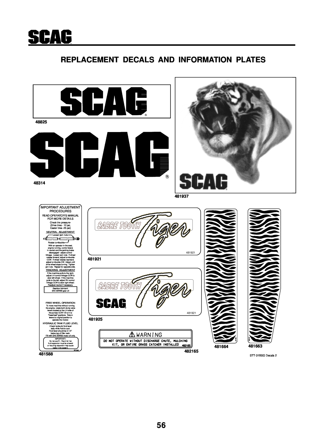 Scag Power Equipment STT-31BSG Replacement Decals And Information Plates, 48825 48314, 481588, 481937, 481921, 481925 
