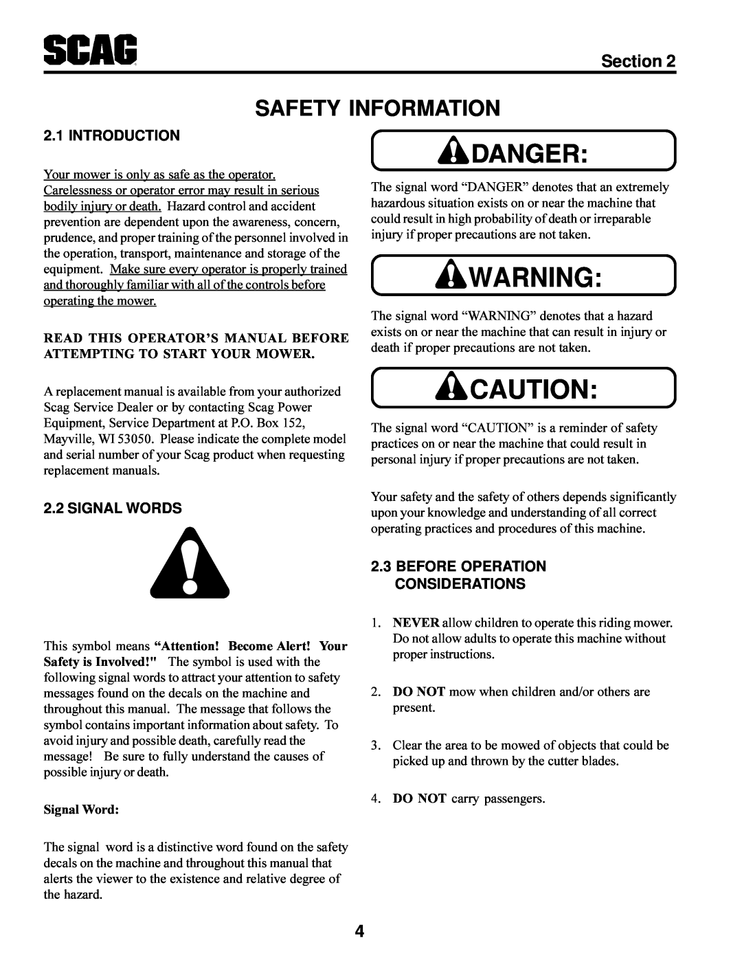 Scag Power Equipment STT-31BSG Safety Information, Introduction, Signal Words, Before Operation Considerations, Section 