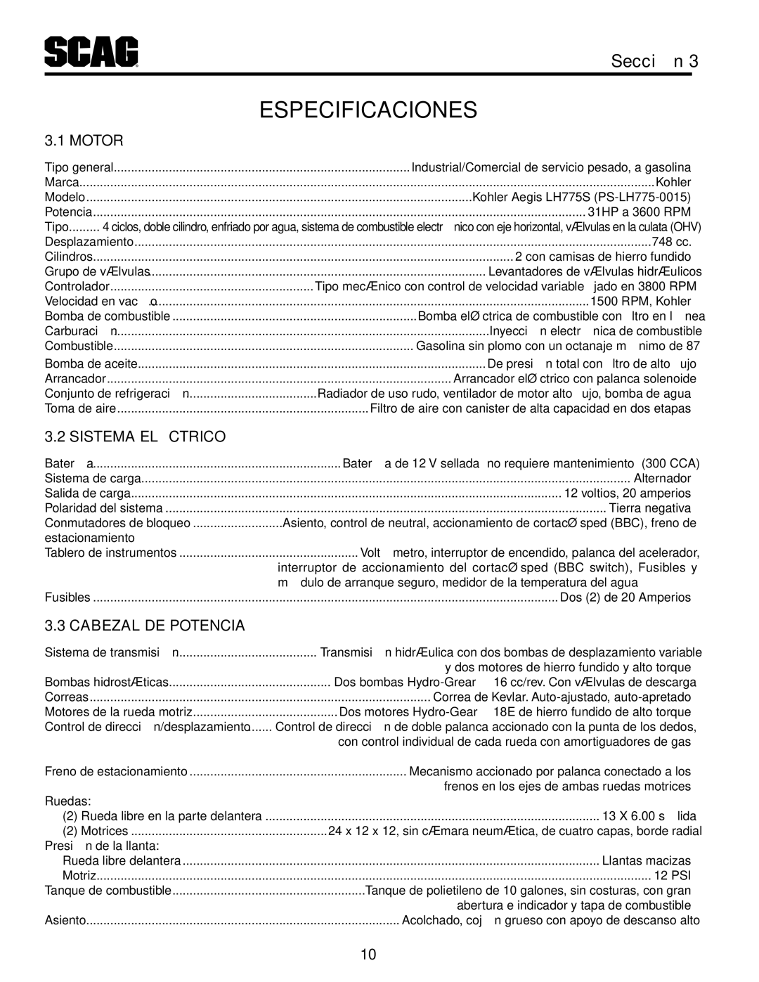 Scag Power Equipment STT-31EFI-SS operating instructions Especificaciones, Potencia de Cabezal, Eléctrico Sistema, Motor 