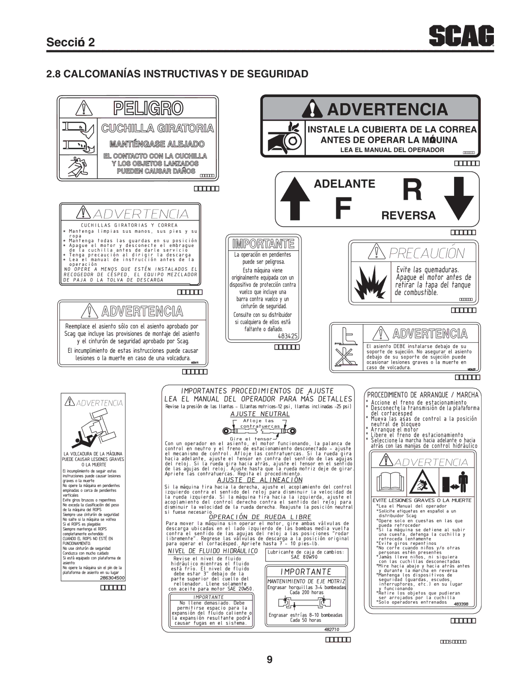 Scag Power Equipment STT-31EFI-SS operating instructions REvErSA AdELAntE, Seguridad de y instructivas Calcomanías 