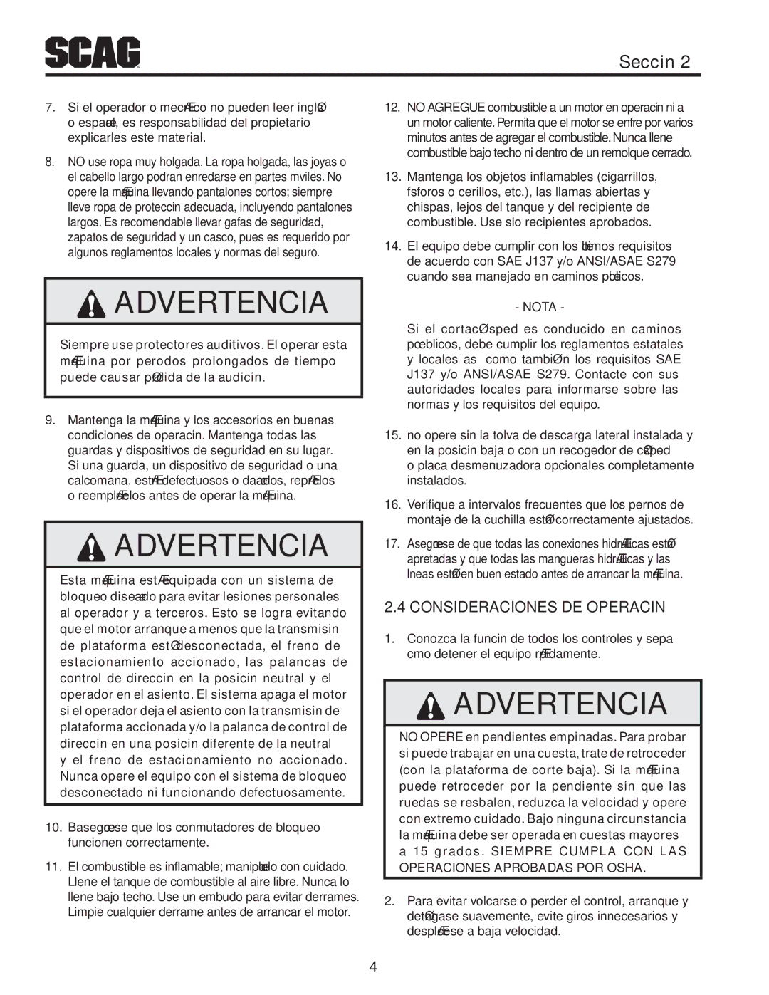 Scag Power Equipment STT-31EFI-SS operating instructions Operación de Consideraciones 