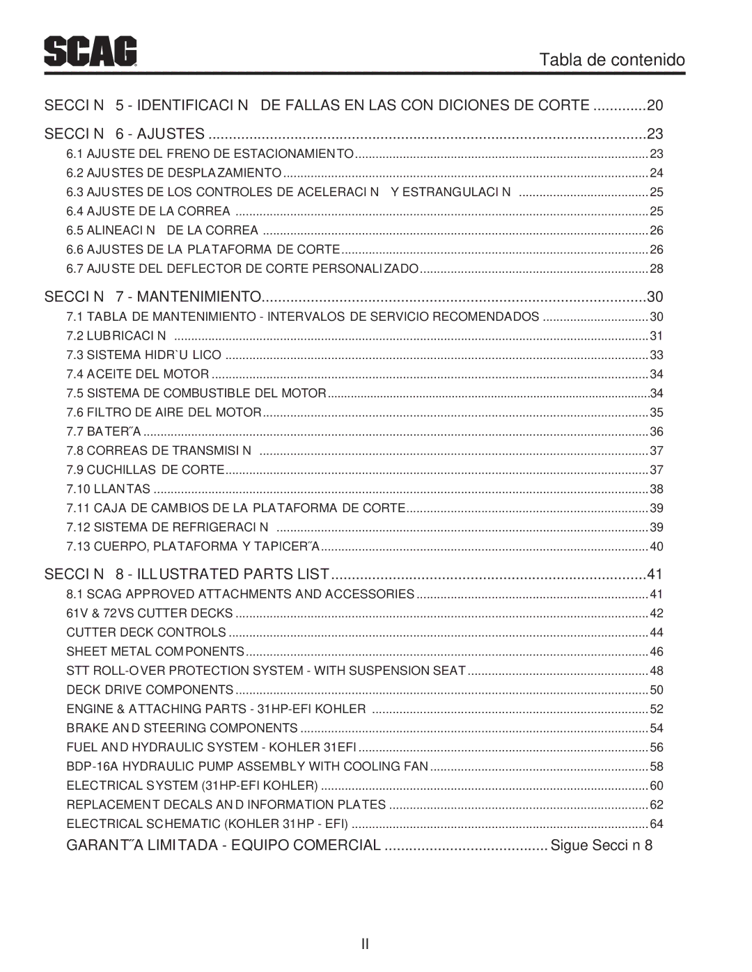 Scag Power Equipment STT-31EFI-SS Sección Sigue Comercial Equipo Limitada Garantía, List Parts Illustrated 8 Sección 