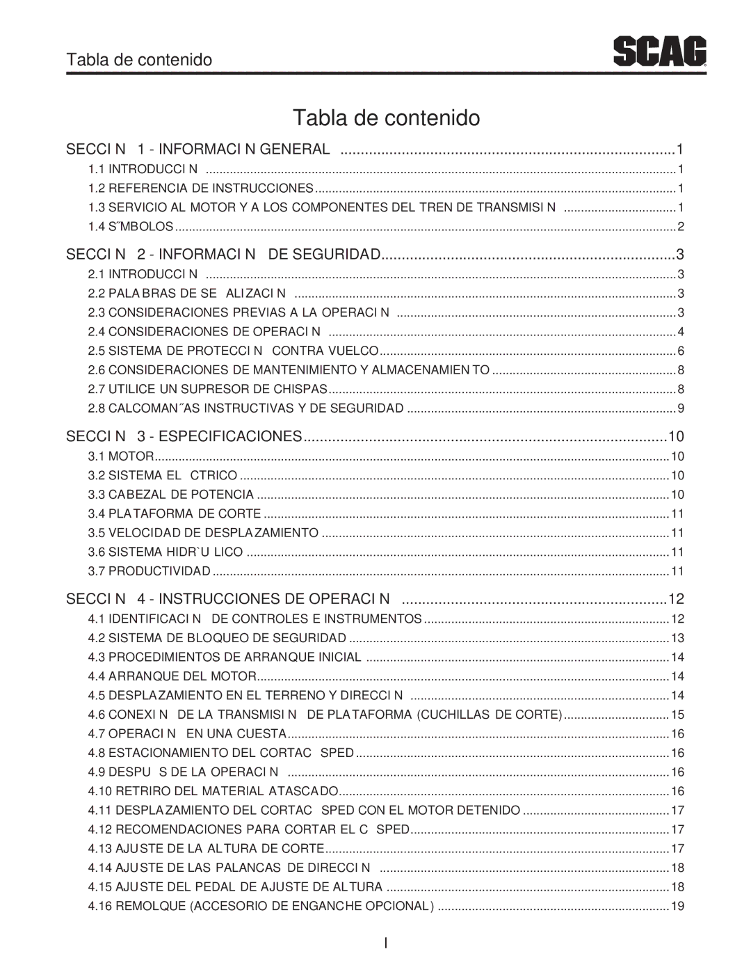 Scag Power Equipment STT-31EFI-SS operating instructions Operación DE Instrucciones 4 Sección, Especificaciones 3 Sección 