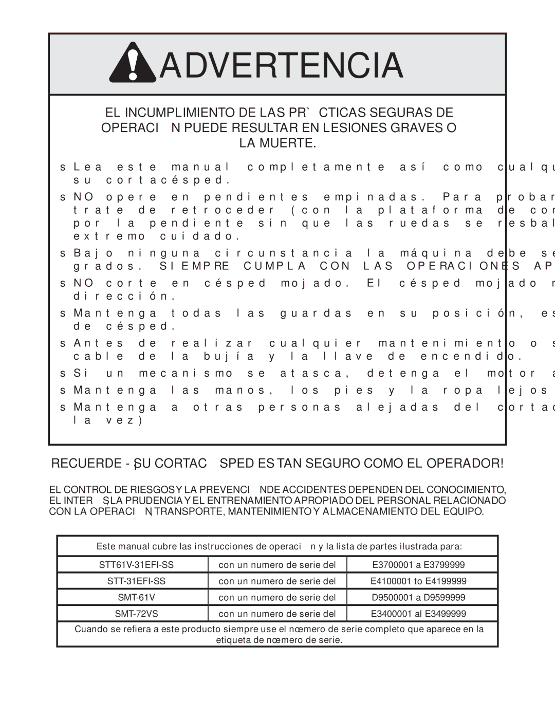 Scag Power Equipment STT-31EFI-SS operating instructions 72VS-SMT, 61V-SMT, SS-31EFI-STT61V 