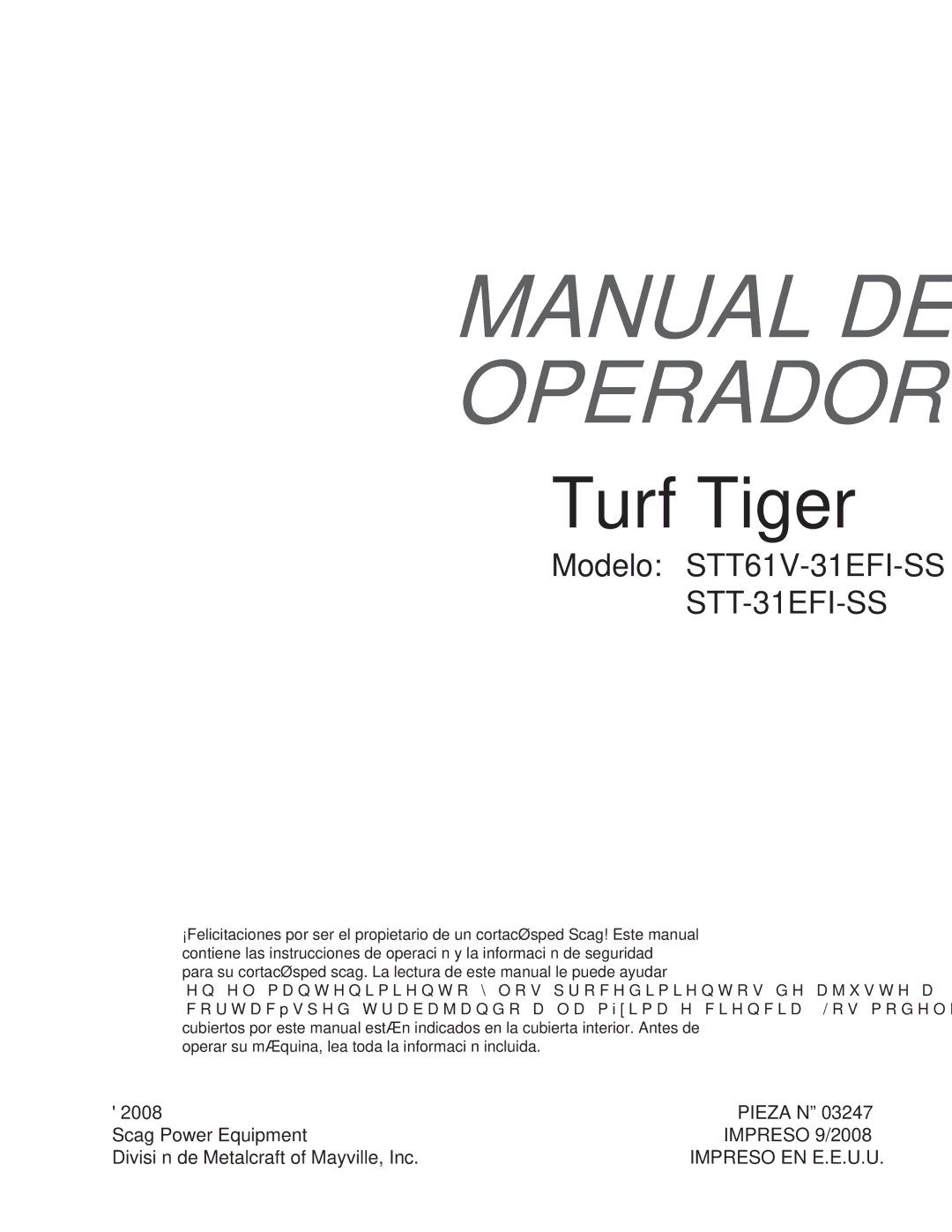 Scag Power Equipment STT-31EFI-SS operating instructions Operador DEL Manual 