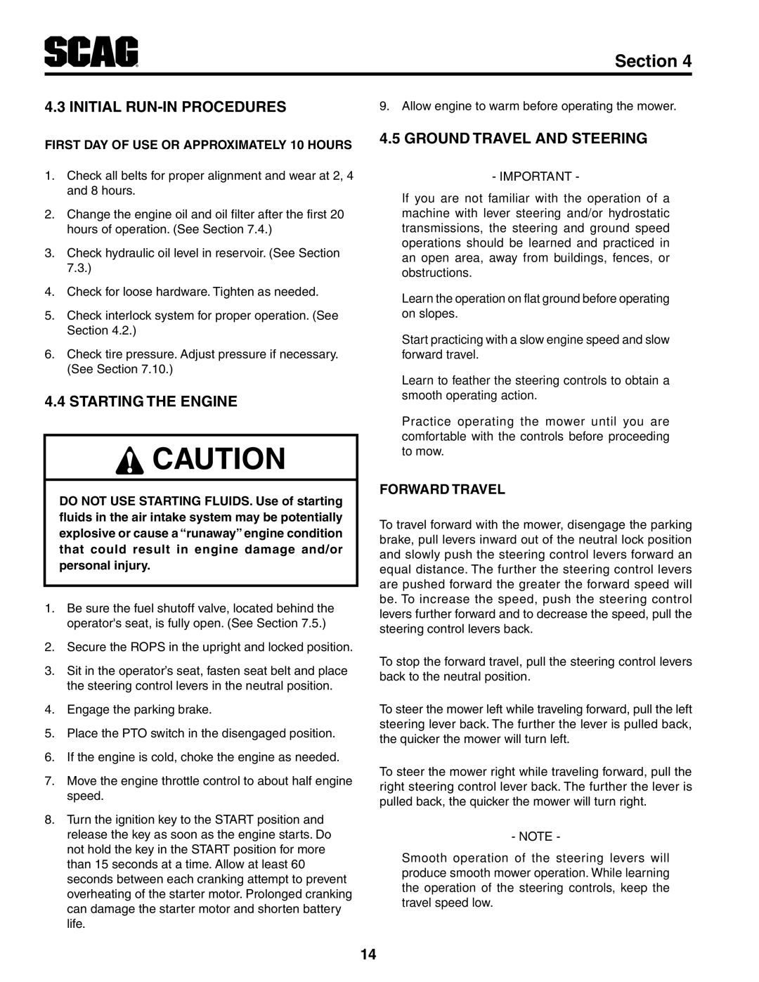 Scag Power Equipment STT-31EFI-SS Initial Run-In Procedures, Starting The Engine, Ground Travel And Steering 