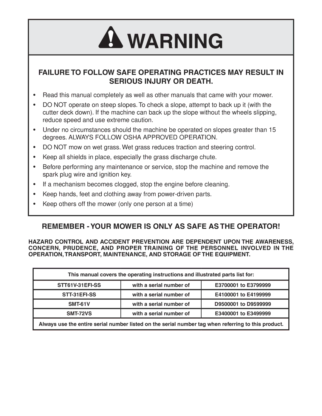 Scag Power Equipment STT-31EFI-SS operating instructions STT61V-31EFI-SS, With a serial number E3700001 to E3799999 