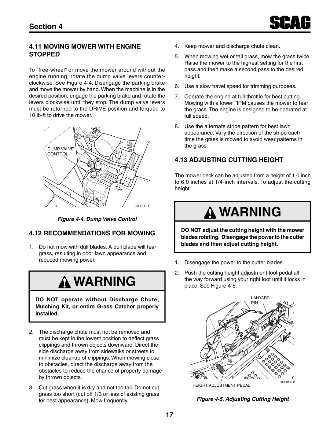 Scag Power Equipment STT-31EFI-SS Moving Mower With Engine Stopped, Recommendations For Mowing, Adjusting Cutting Height 