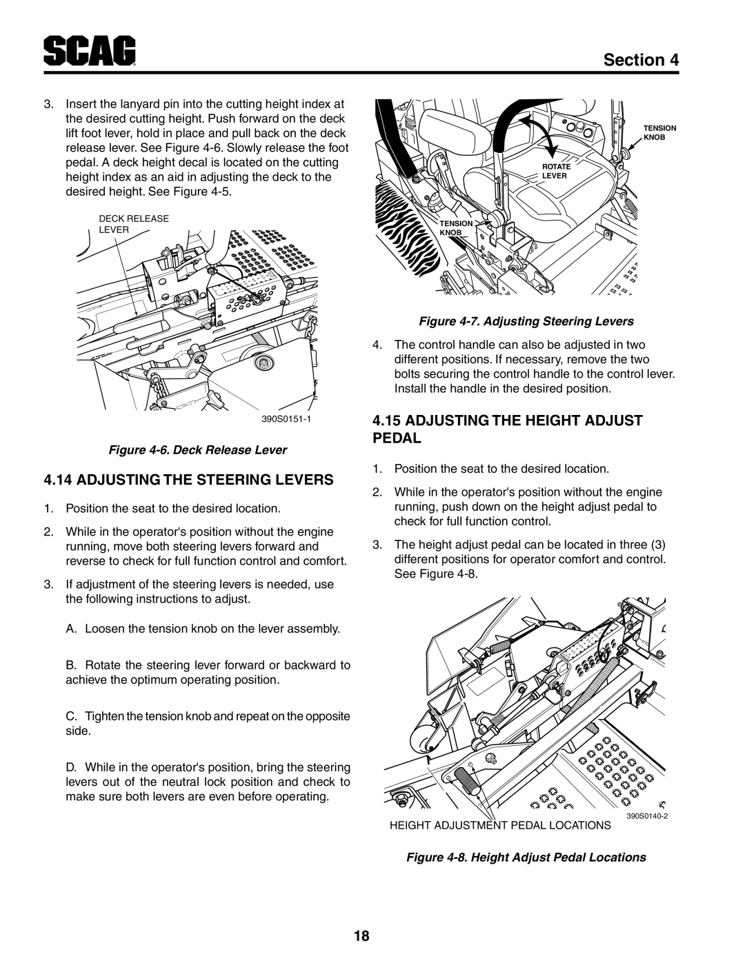 Scag Power Equipment STT-31EFI-SS operating instructions Adjusting The Steering Levers, Adjusting The Height Adjust Pedal 