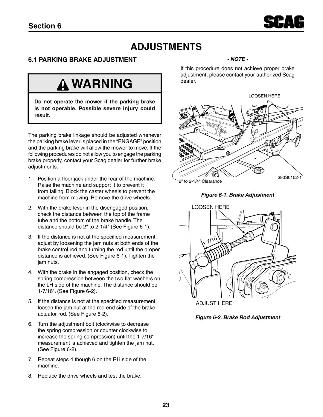 Scag Power Equipment STT-31EFI-SS operating instructions Adjustments, Brake Adjustment 