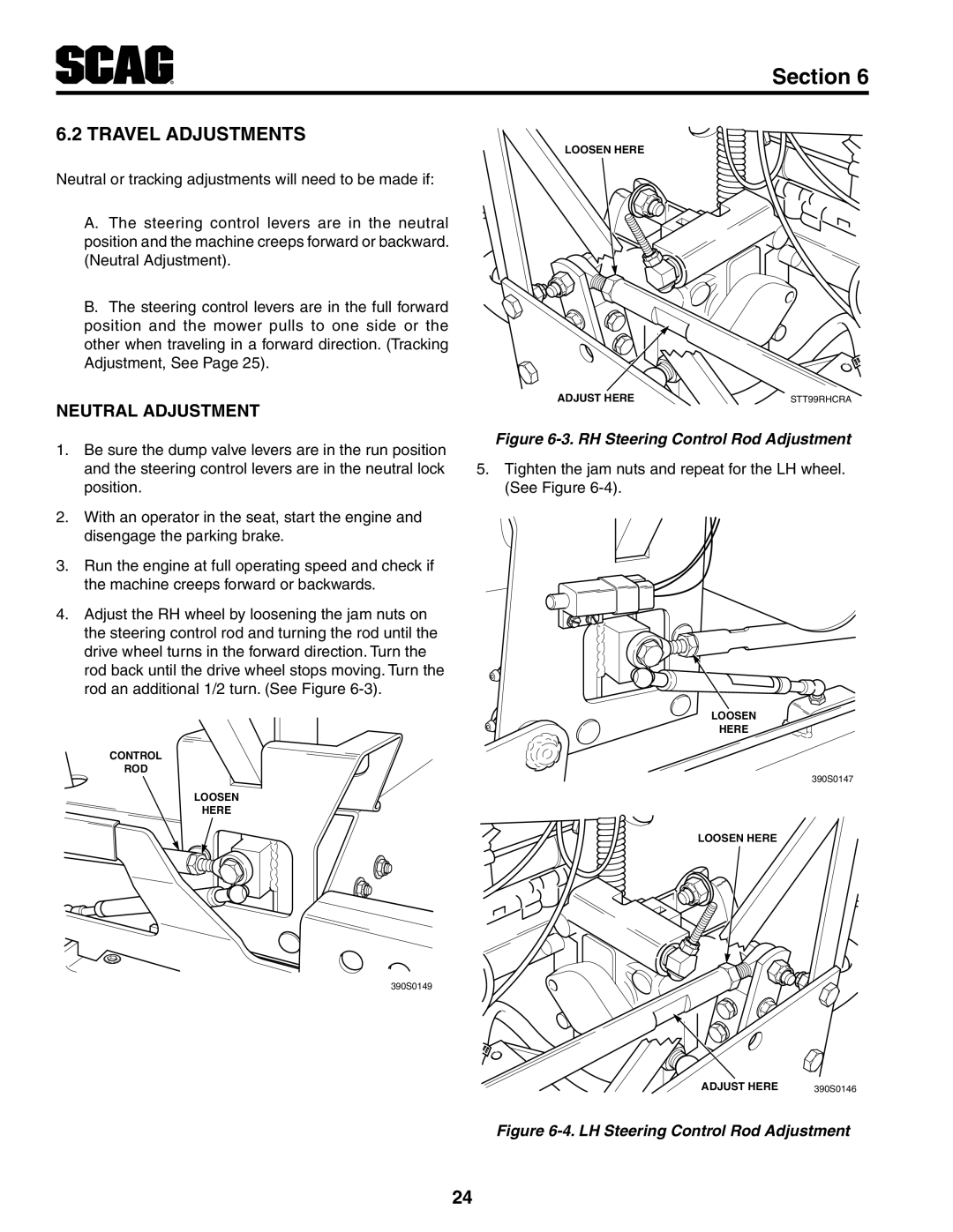 Scag Power Equipment STT-31EFI-SS operating instructions Neutral Adjustment, RH Steering Control Rod Adjustment 