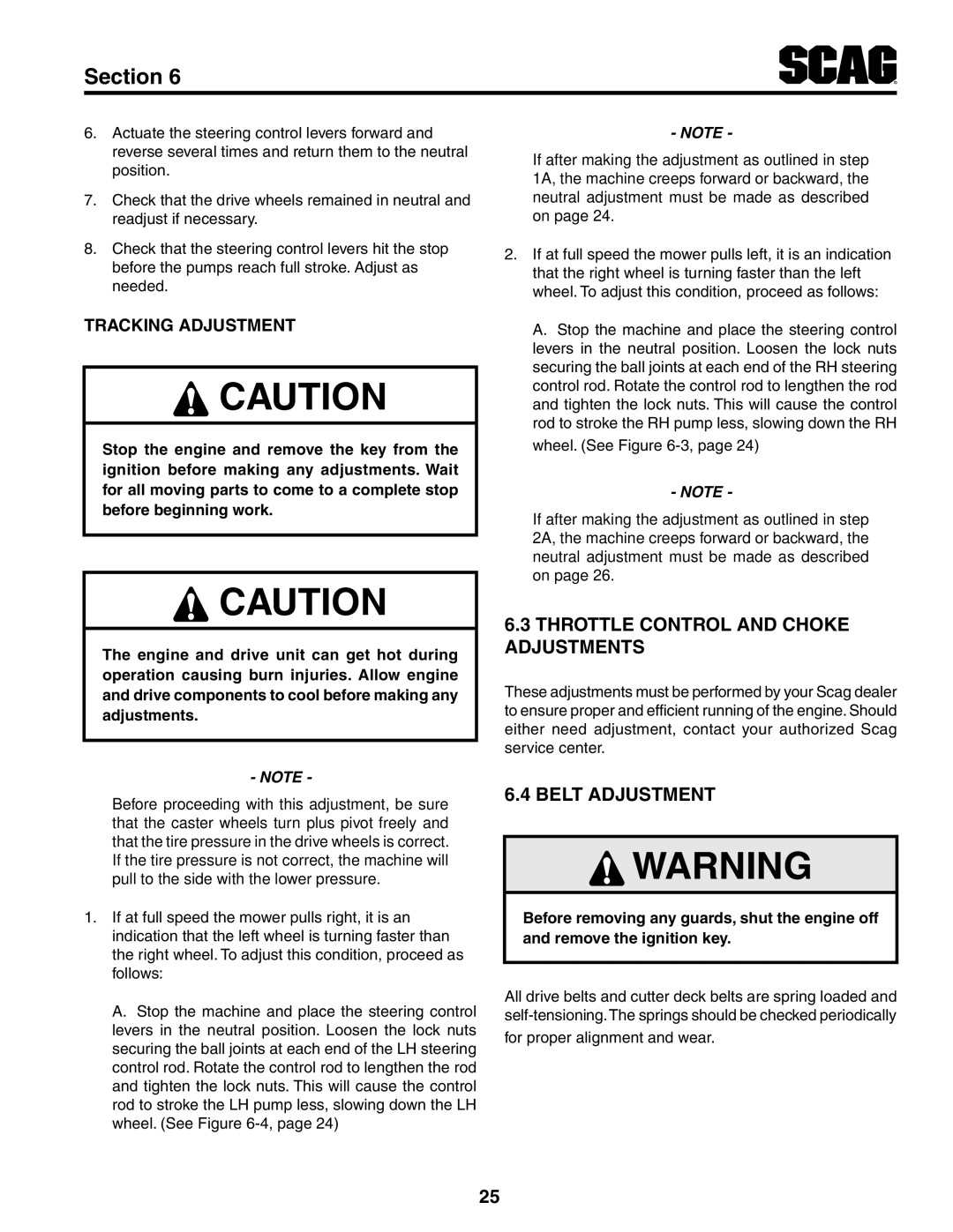 Scag Power Equipment STT-31EFI-SS operating instructions Throttle Control and Choke Adjustments, Tracking Adjustment 