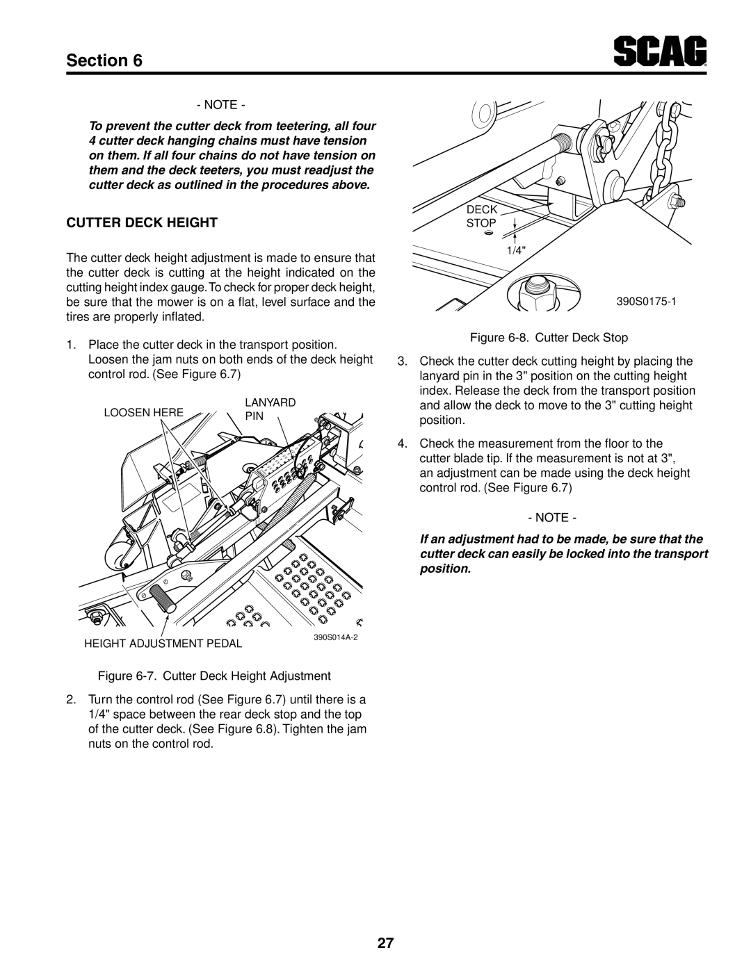 Scag Power Equipment STT-31EFI-SS operating instructions Cutter Deck Height Adjustment 