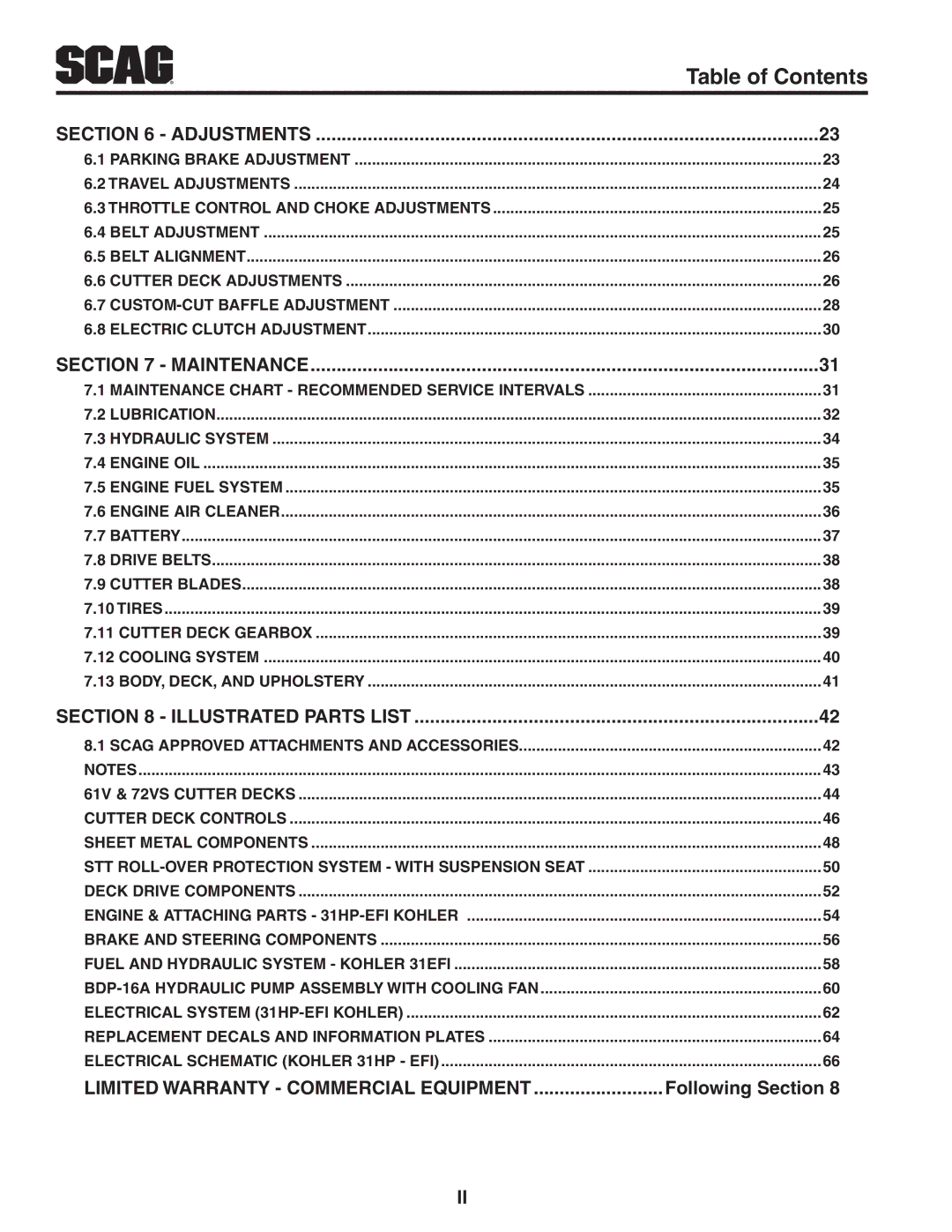 Scag Power Equipment STT-31EFI-SS operating instructions Following Section, Adjustments 