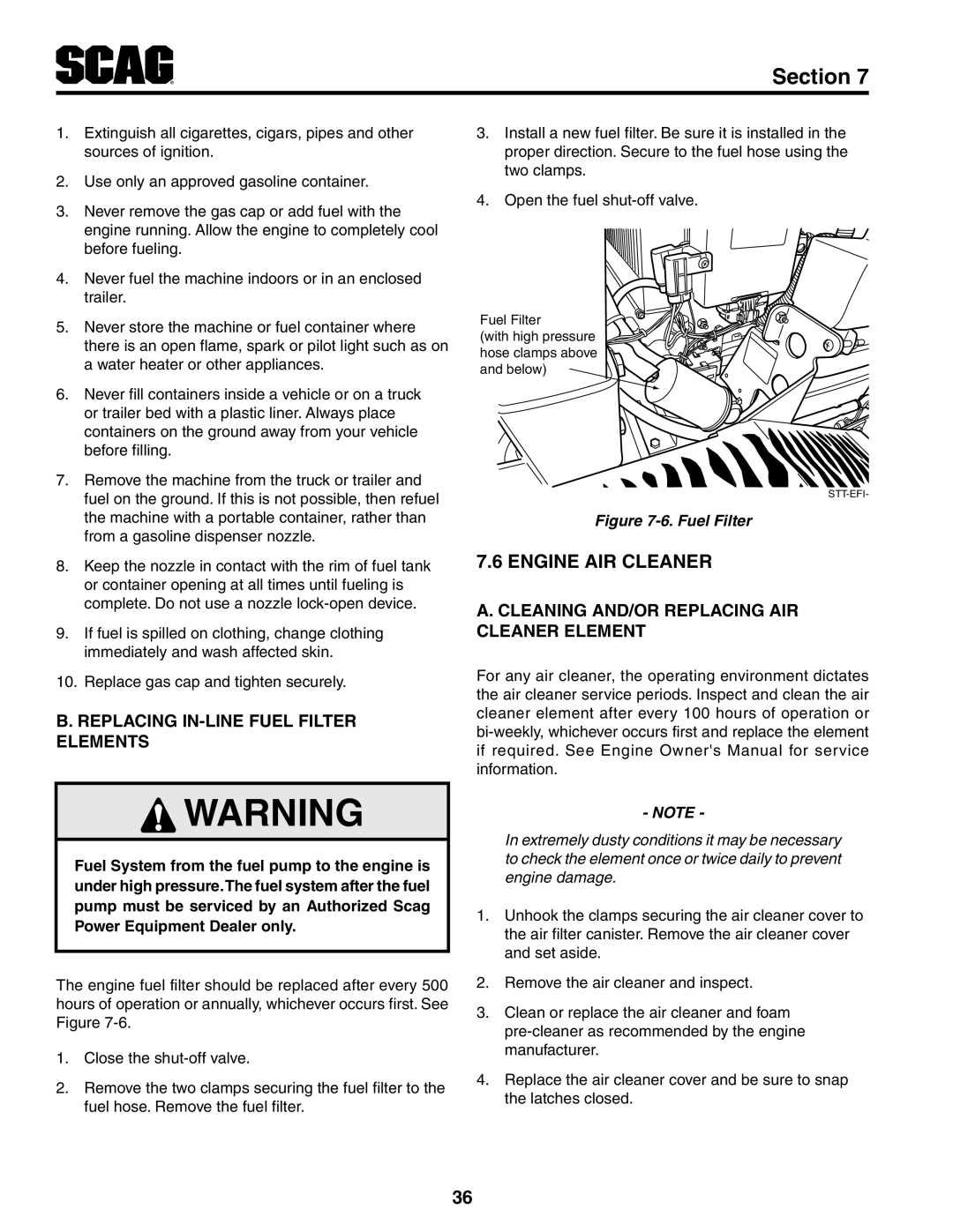 Scag Power Equipment STT-31EFI-SS operating instructions Engine Air Cleaner, Replacing In-Line Fuel Filter Elements 