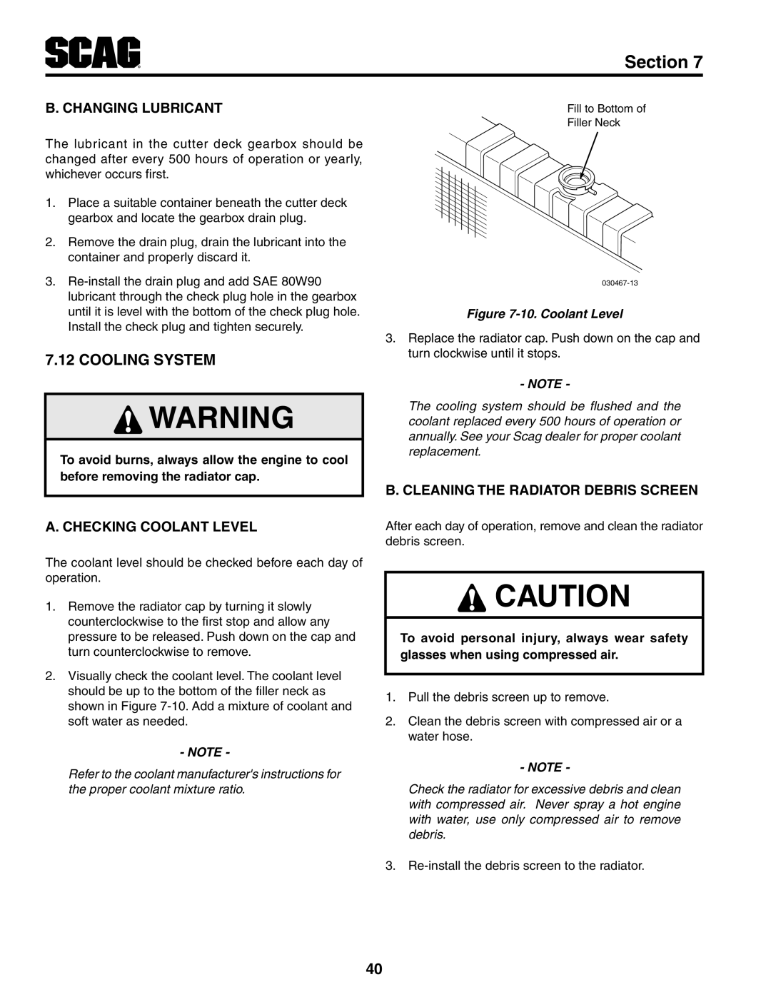 Scag Power Equipment STT-31EFI-SS operating instructions Cooling System, Changing Lubricant, Checking Coolant Level 