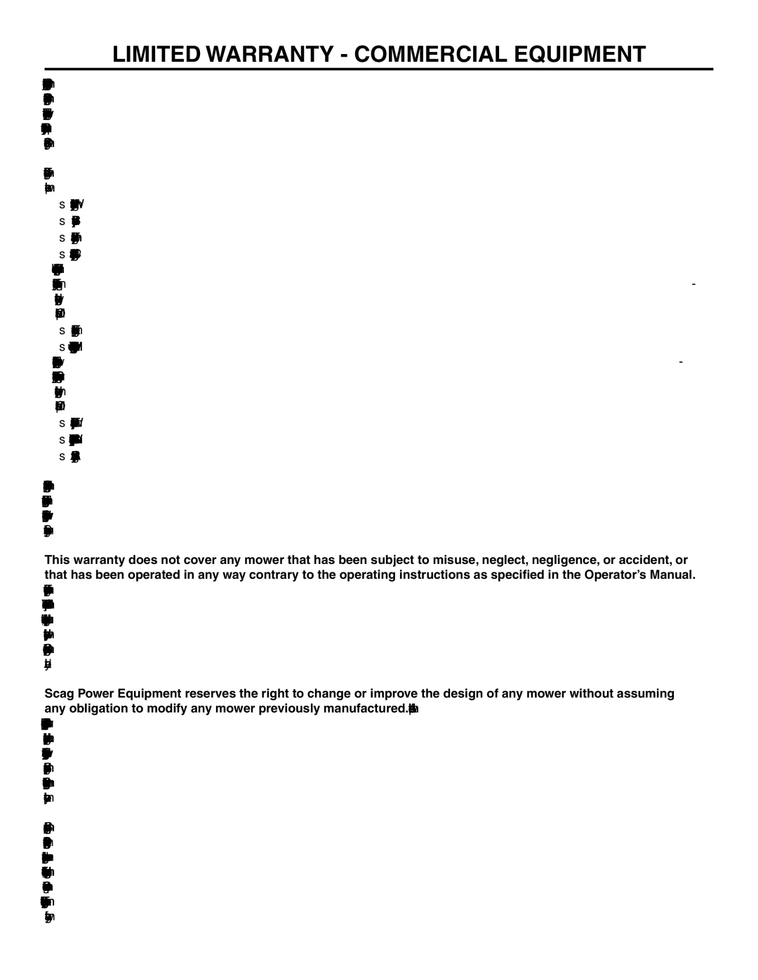 Scag Power Equipment STT-31EFI-SS operating instructions Limited Warranty Commercial Equipment 