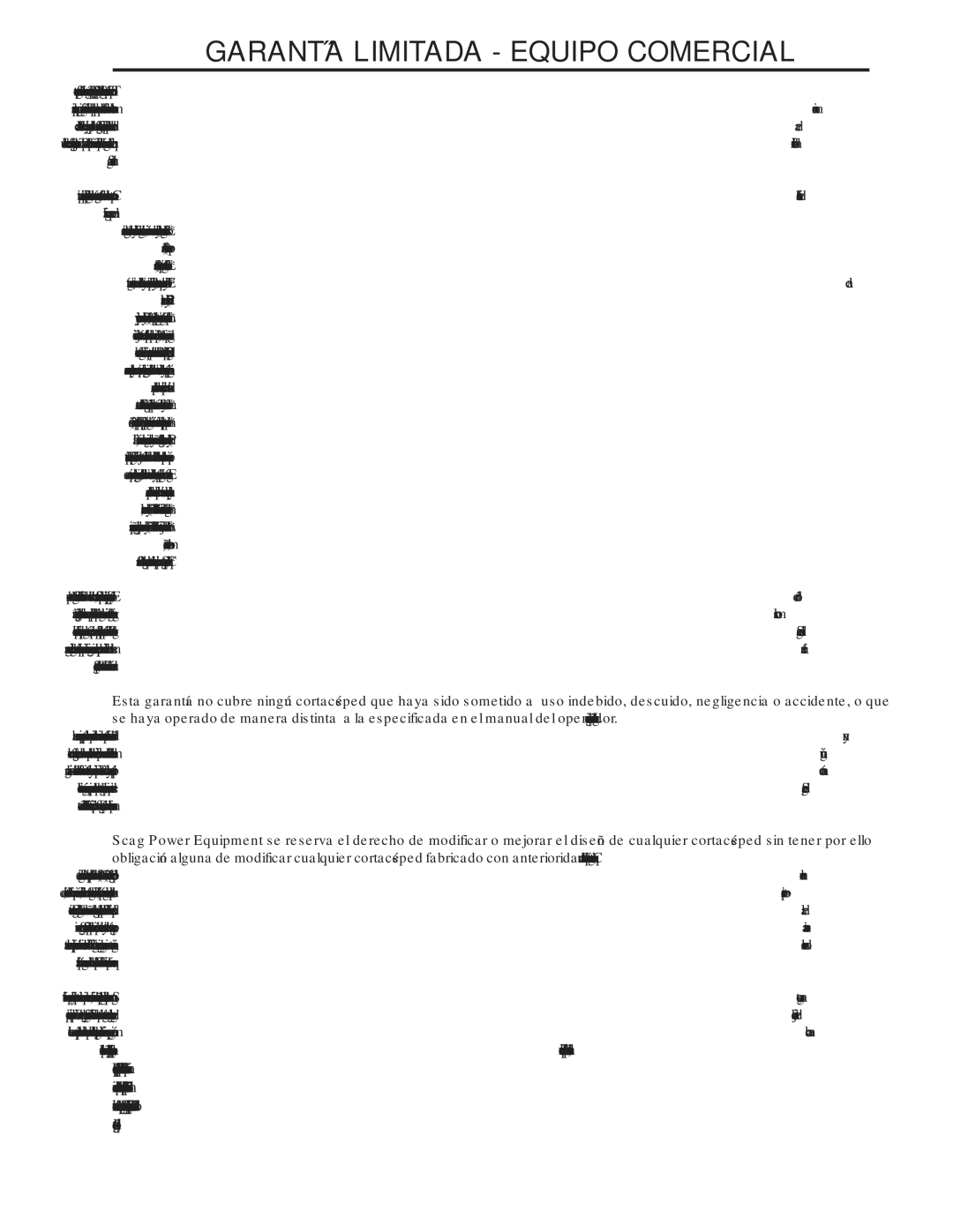 Scag Power Equipment STT-31EFI-SS operating instructions Garantía Limitada Equipo Comercial 